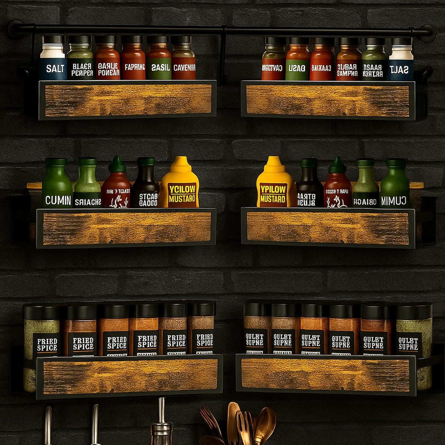 Spice Rack Wall Mount 6 Pack, Space-Saving Seasoning Organizer,Screw or Adhesive Hanging Spice Rack Organizer for Kitchen Cabinet and Wall (Engineered Wooden)