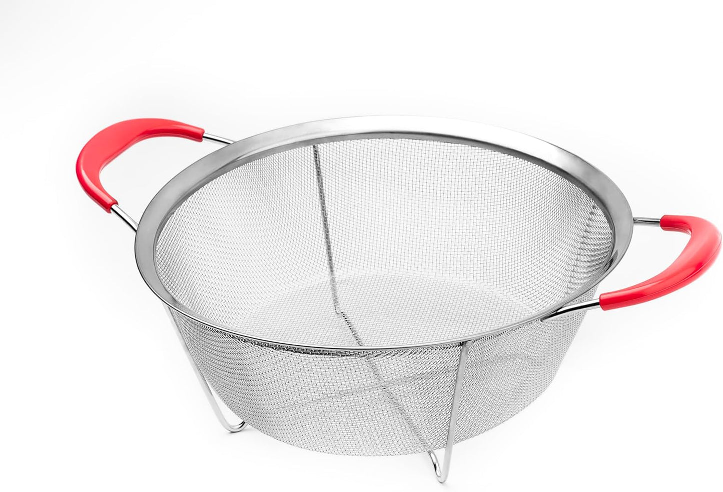 Hercules Chef by Mundial Stainless Steel Colander Strainer with Red Silicone Handles - 9.8"