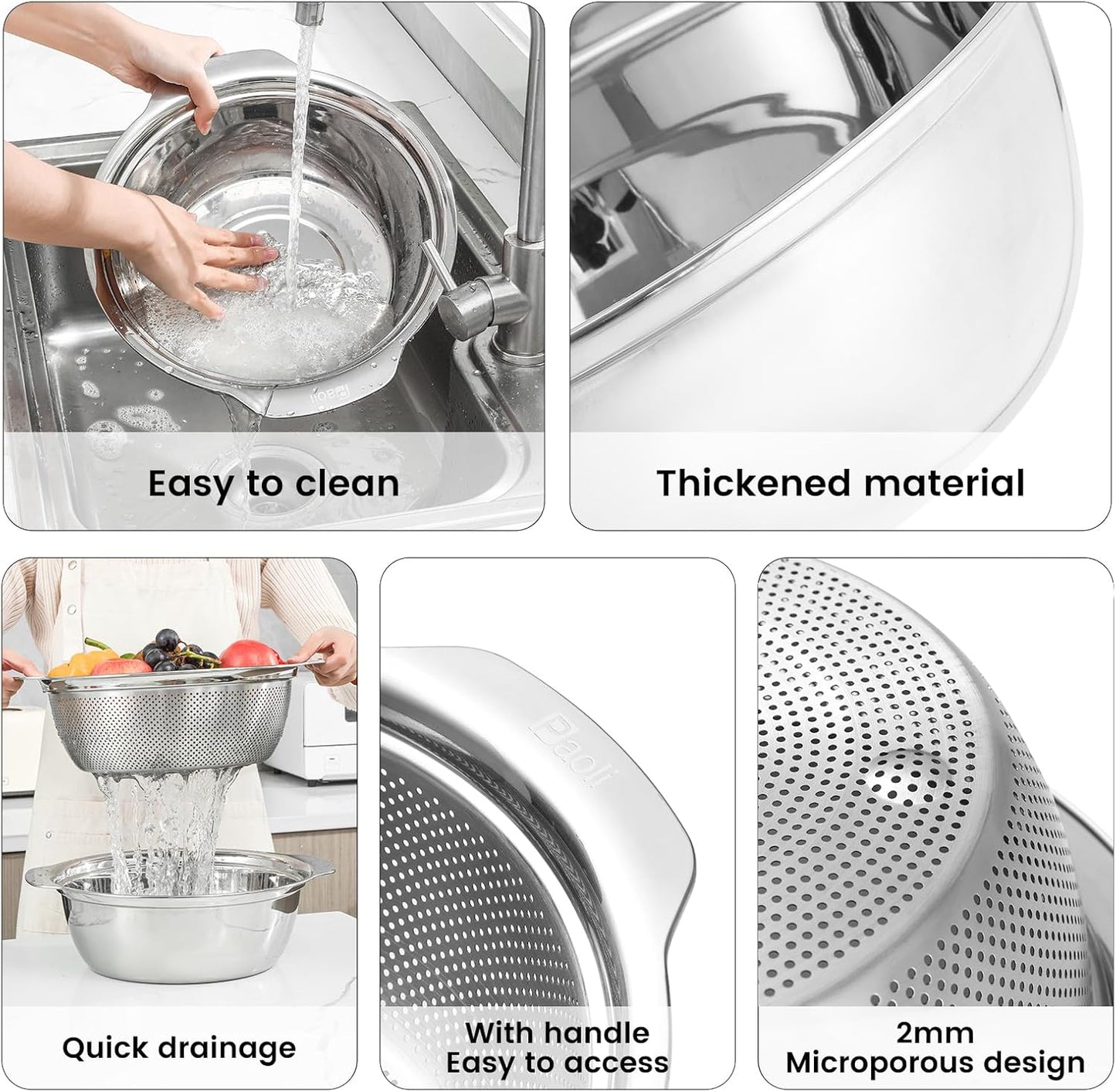 304 Stainless Steel Microporous Colander with Handle, Rice Washers Microporous Strainer Set For washing vegetables, fruits and rice, and draining cooked pasta.