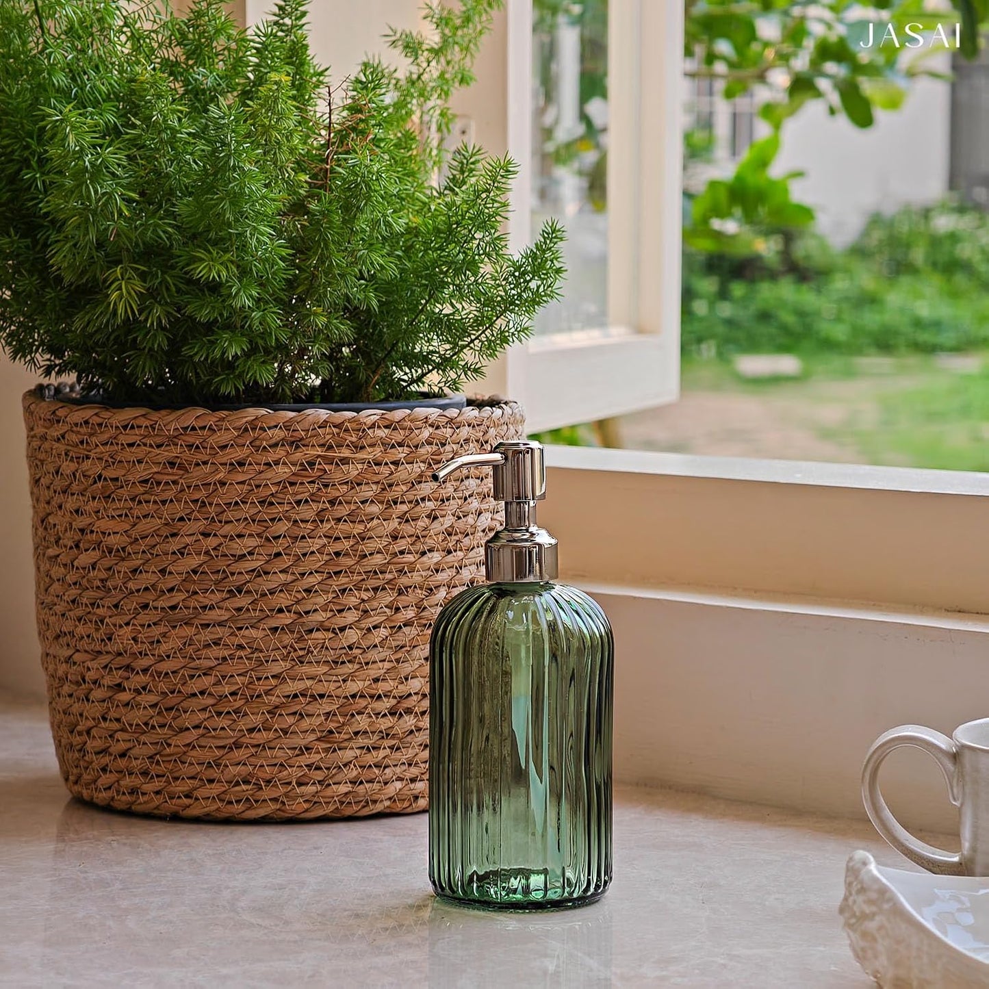 JASAI 18Oz Green Soap Dispenser with Rust Proof Pump, Refillable Bathroom Soap Dispenser with Thick Glass, Kitchen soap Dispenser for Dish soap, Hand Soap, Lotion, Body Wash.