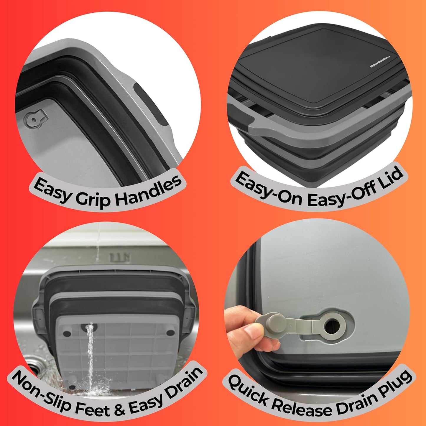 Collapsible X-Large (16L) BBQ Marinating Tub w/Cutting Board | Multipurpose Food-Grade TPE Prep Tub w/Lid | Built-In Colander & Drain Plug - For Camping | Tailgate | Picnic - Slate Black