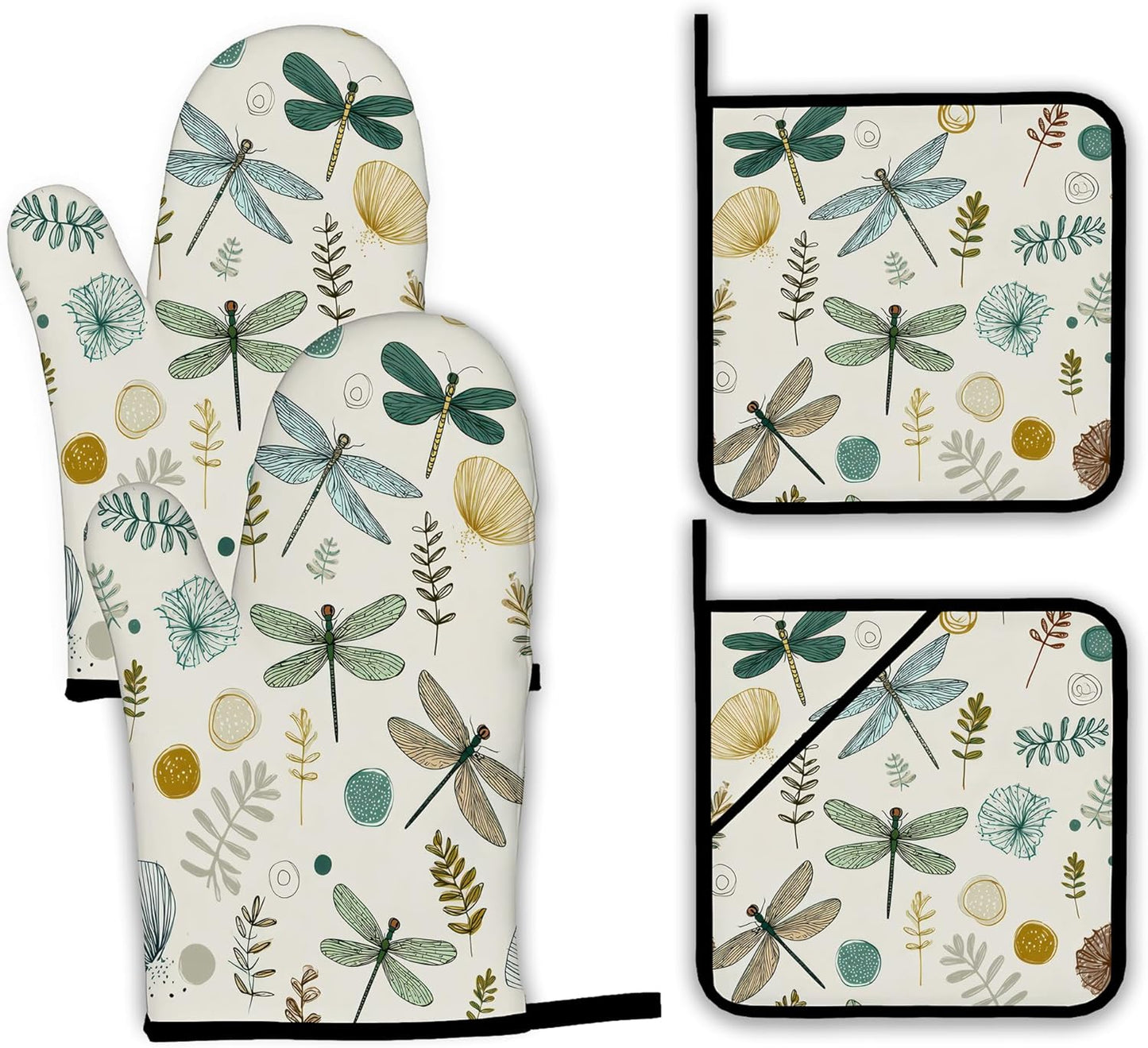 Vintage Dragonfly Oven Mitts and Pot Holders,Boho Heat Resistant Oven Mitts Gloves and Pot Holder for Home Kitchen Decorations Cooking Baking BBQ Gifts,Set of 4