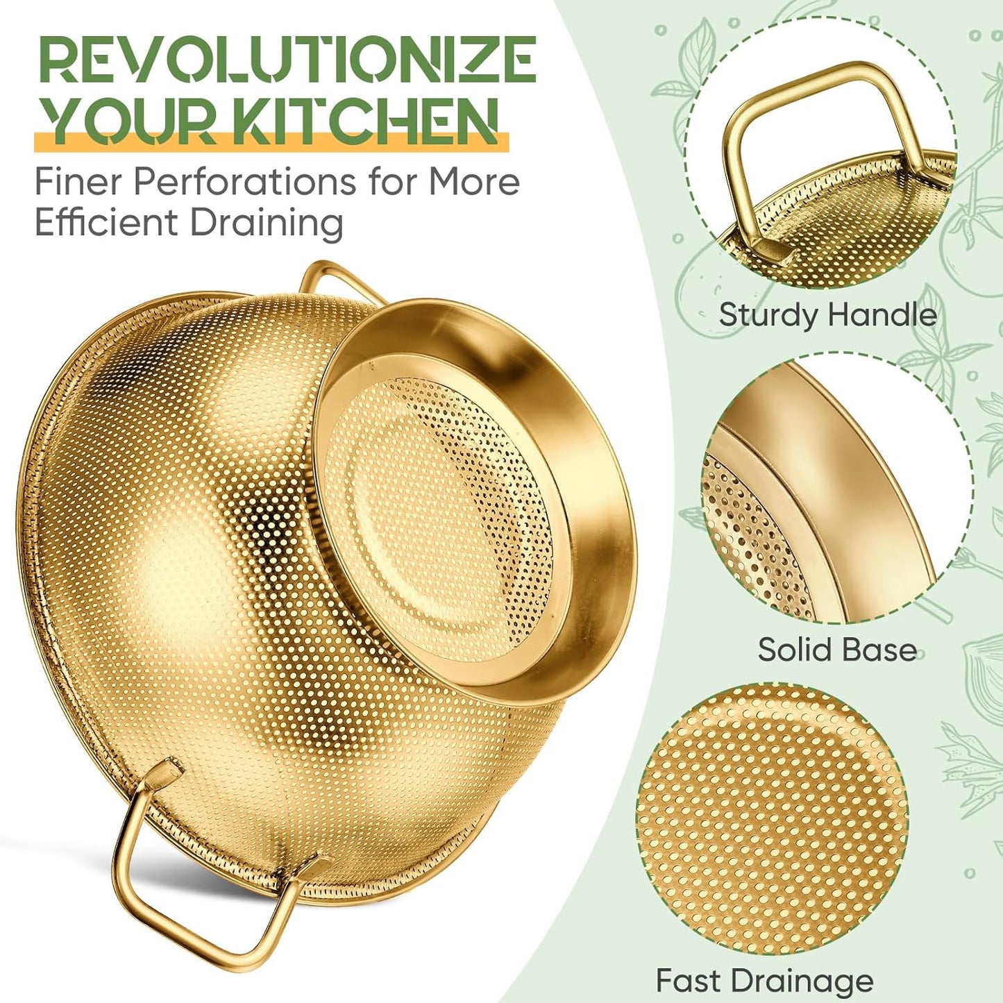 Bokon 3 Pcs Stainless Steel Colander Set Colander Bowl and Sieves 1/3/5 Quart Metal Mesh Strainer Net Basket with Handles Food Spaghetti Strainer for Kitchen Draining Pasta Rinsing(Gold)