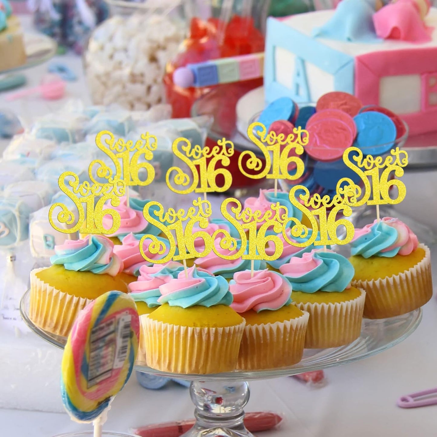Gyufise 24 Pack 16th Birthday Cupcake Toppers Glitter Sixteen Happy Sweet 16 Cupcake Picks Cheers to 16 Years Old Cupcake Decorations for 16th Birthday Anniversary Party Supplies Multi Gold