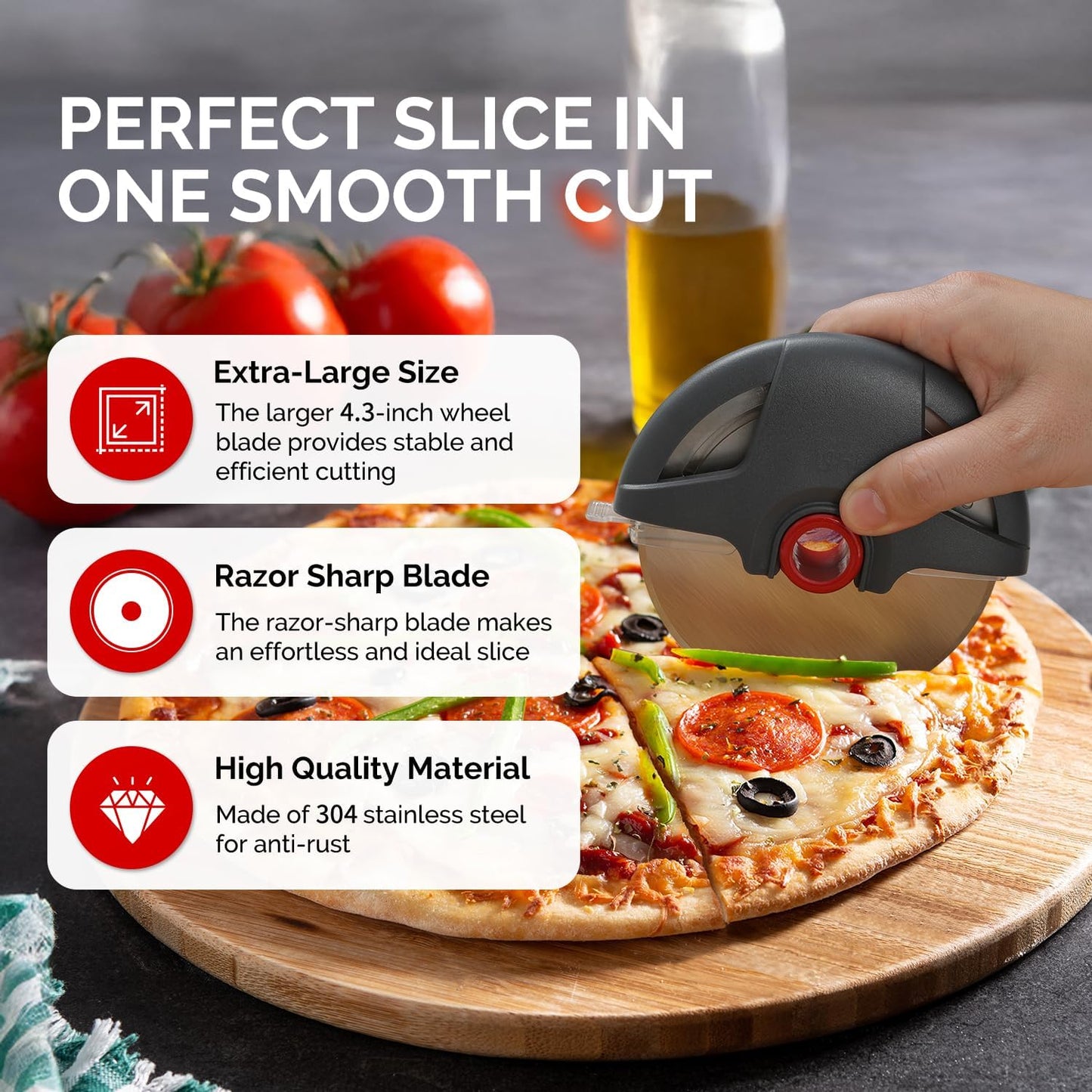 Pizza Cutter Wheel, UHIYEE 4.3" Large Pizza Slicer Wheel with Safety Blade Cover, Super Sharp Stainless Steel Pizza Wheel Slices Effortlessly, Easy Cleaning Pizza Cutters Dishwasher Safe, Gray