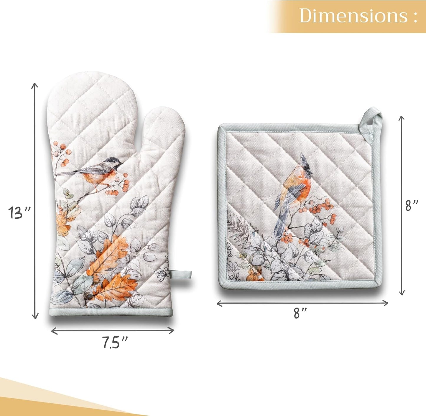 Maison d' Hermine 100% Cotton Oven Mitt & Pot Holder Set (7.5"x13" & 8"x8") Heat Resistant BBQ Cooking Gloves with Loop, Baking, Grilling, Kitchen, Handling Hot Pans (Whitish Shabby Chique)