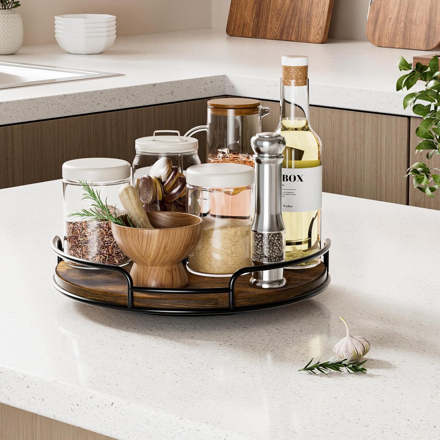 WOWBOX 9" Lazy Susan Organizer for Table Top Rotating Spice Rack Organizations Wood Lazy Susan Turntable Organizer for Cabinet Kitchen Pantry Countertop Bathroom Vanity