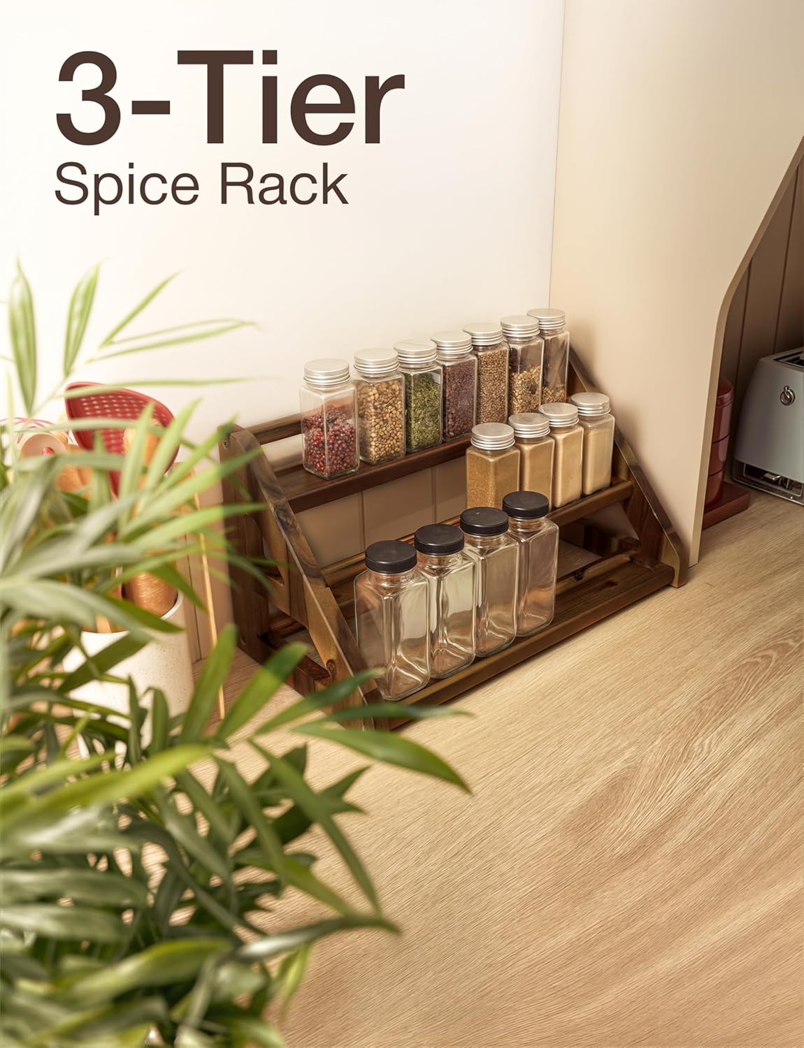Tinamo Acacia Wood Spice Rack - Wooden 3-Tier Spice Rack Organizer for Countertop or Cabinet – Kitchen Spice Organizer and Seasoning Organizer Shelf (Walnut)