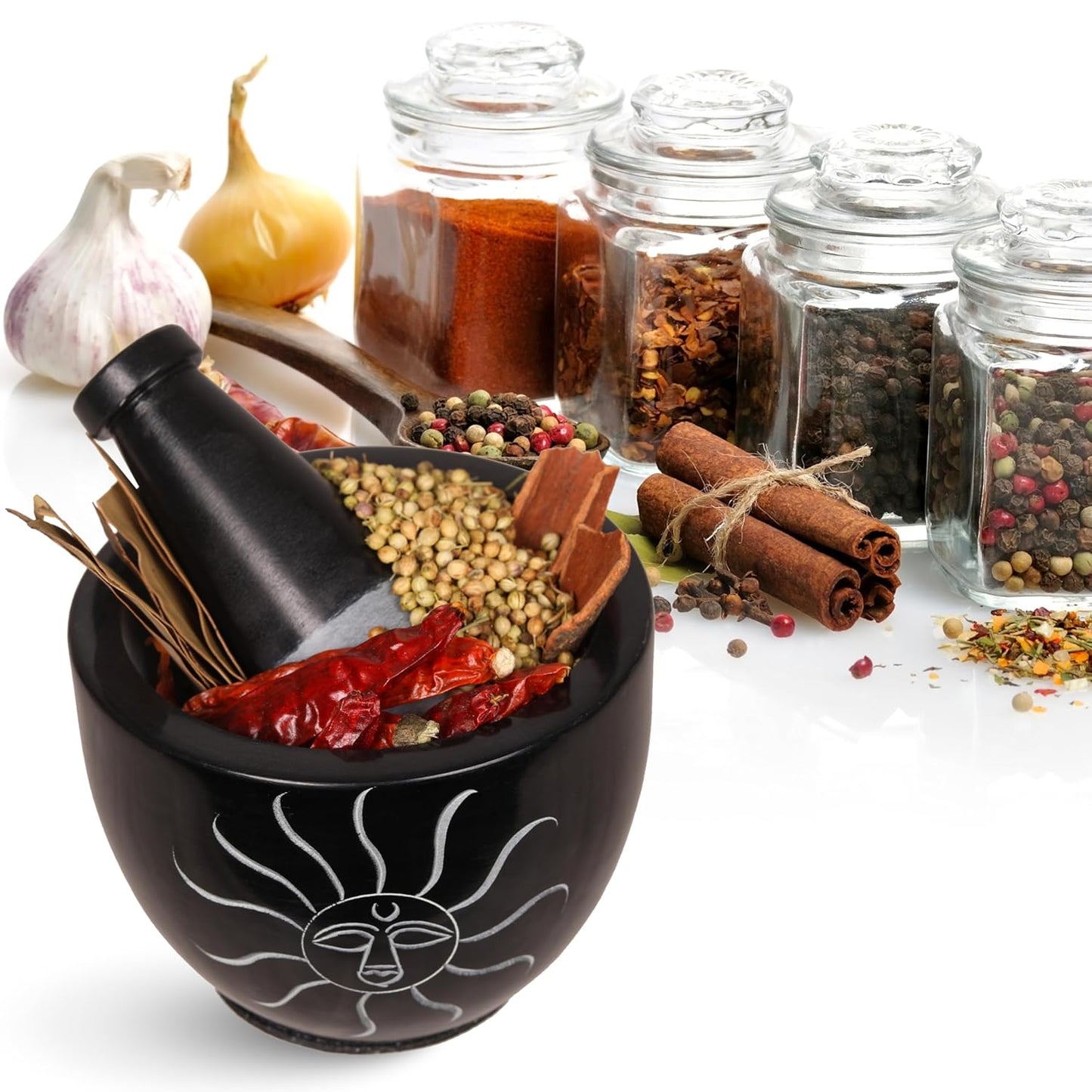 Mortar and Pestle, Made of Heavy Duty Polished Hard Stone, Natural Stone Grinder for Spices, Pastes, Herbs, Seasoning etc. (Sunlight)