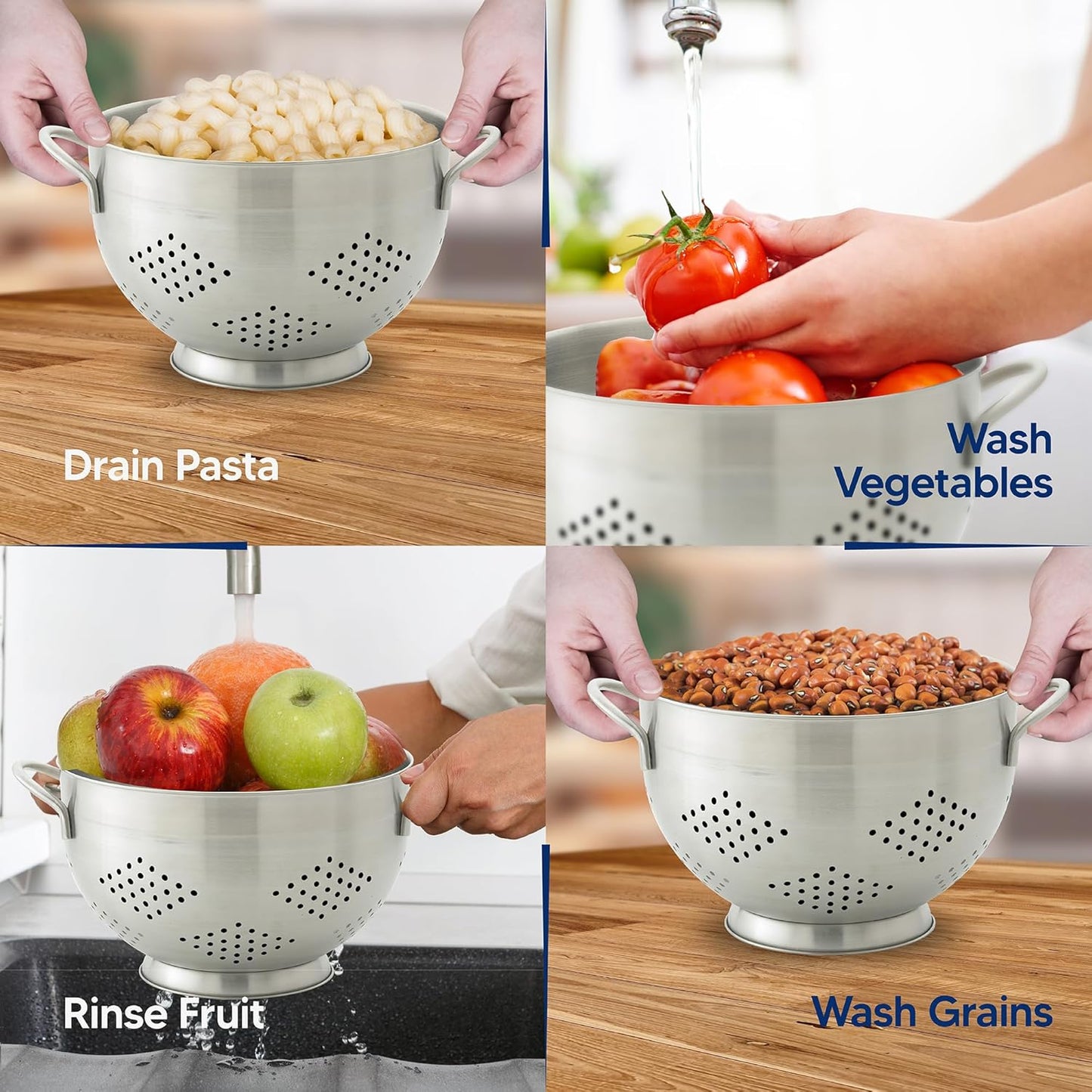 HIC Kitchen Pierced Colander, 18/8 Stainless Steel, 10-Inch Bowl, 5-Quart Capacity