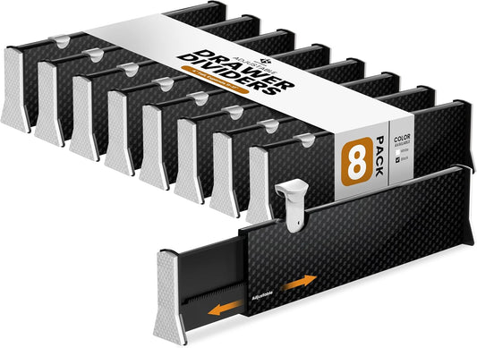 RAPTUROUS Adjustable Drawer Dividers 8 Pack, 4” High, 11-17” Long, Dresser Drawer Organizer for Bedroom, Closet, Kitchen, Nursery, Office, Strong Hold, Soft Foam Edges, Black