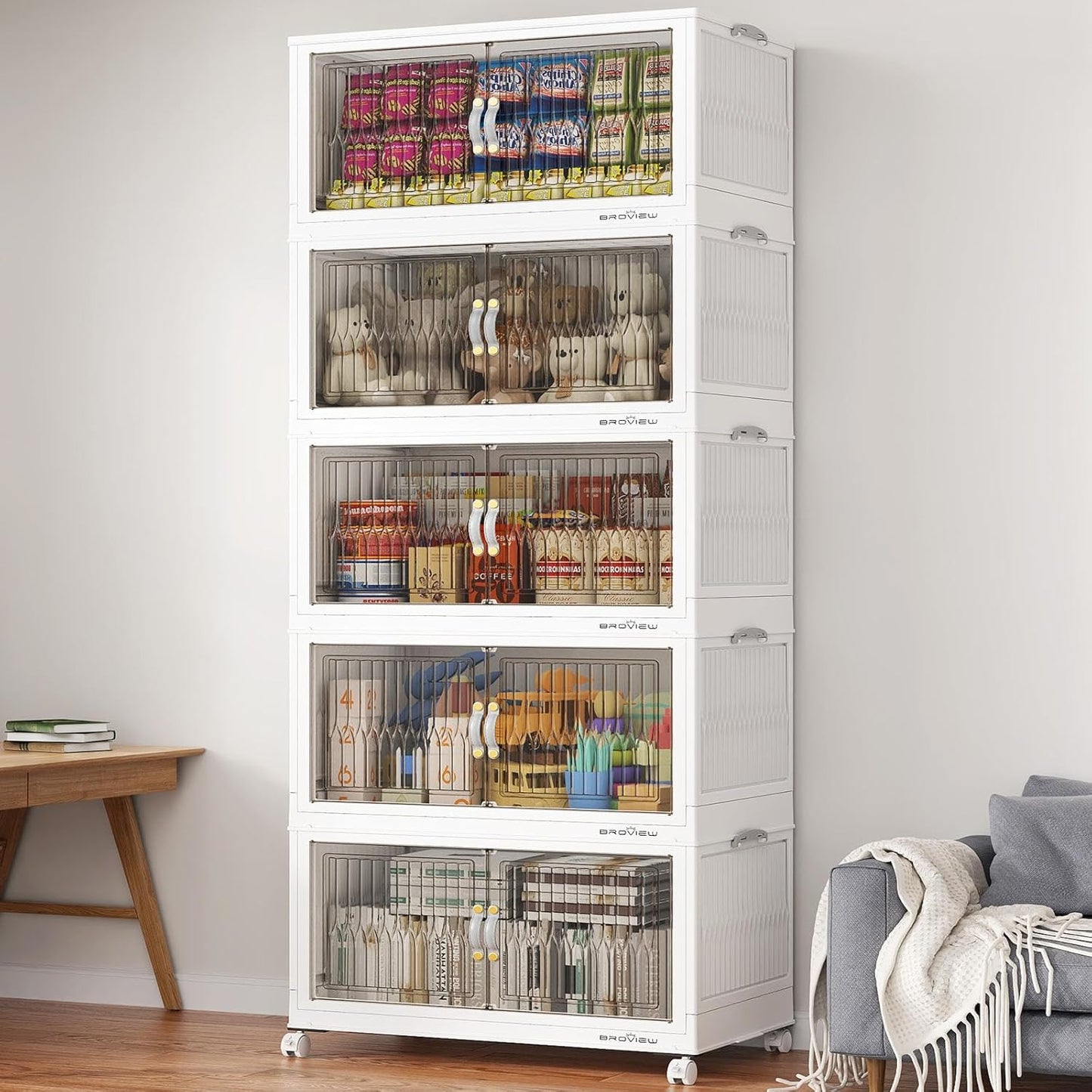 500Qt Stackable Storage Bins with Lid, Extra Large Closet Organizer Collapsible Drawer Boxes with Wheels, Folding Plastic Cabinet Containers for Home Kitchen Room Organization, 5Pack White