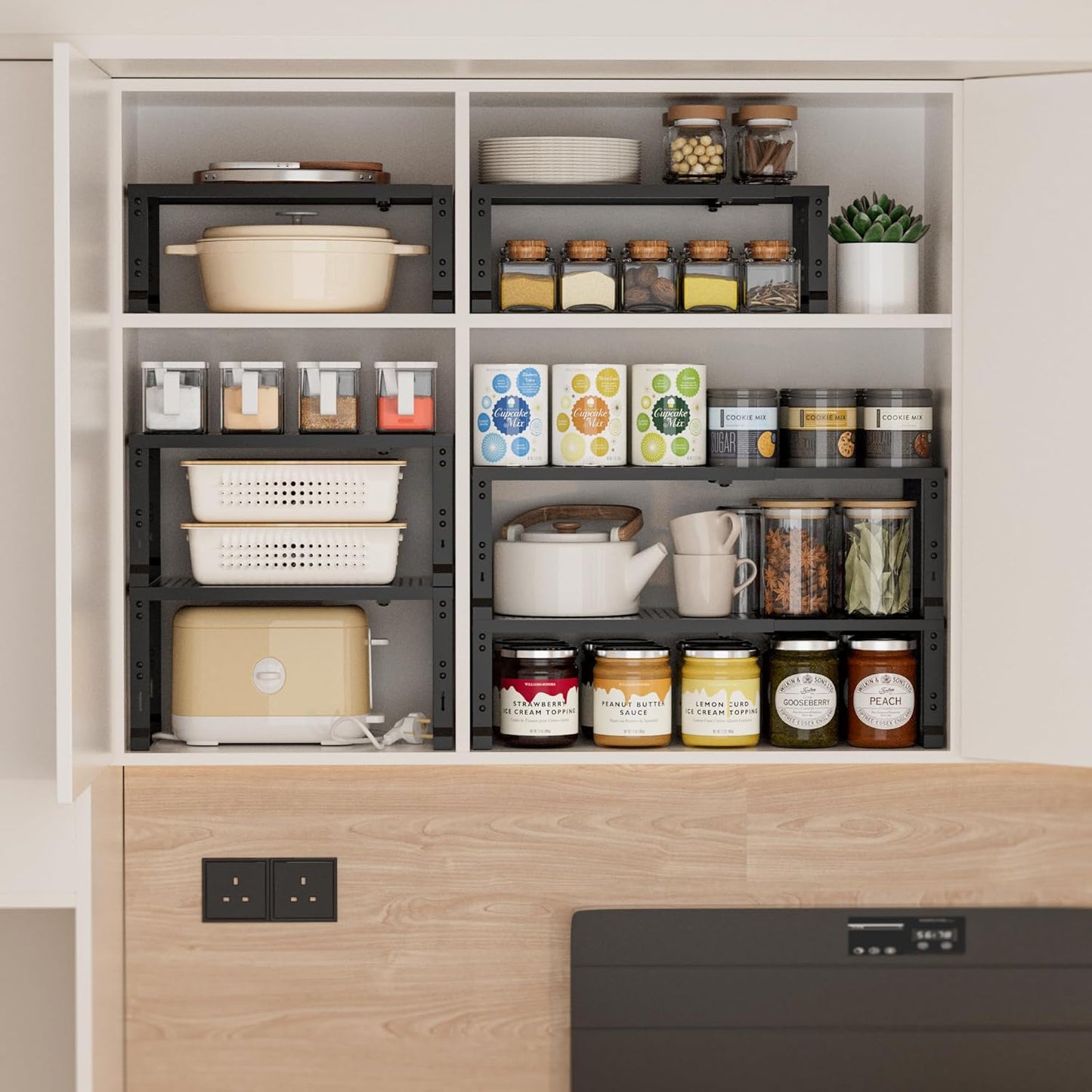 Heavy-Duty Adjustable Metal Shelf Organizer - Expandable & Stackable Pantry Storage Rack for Kitchen, Bathroom, RV, Cabinets(2 Packs/Black, Medium)