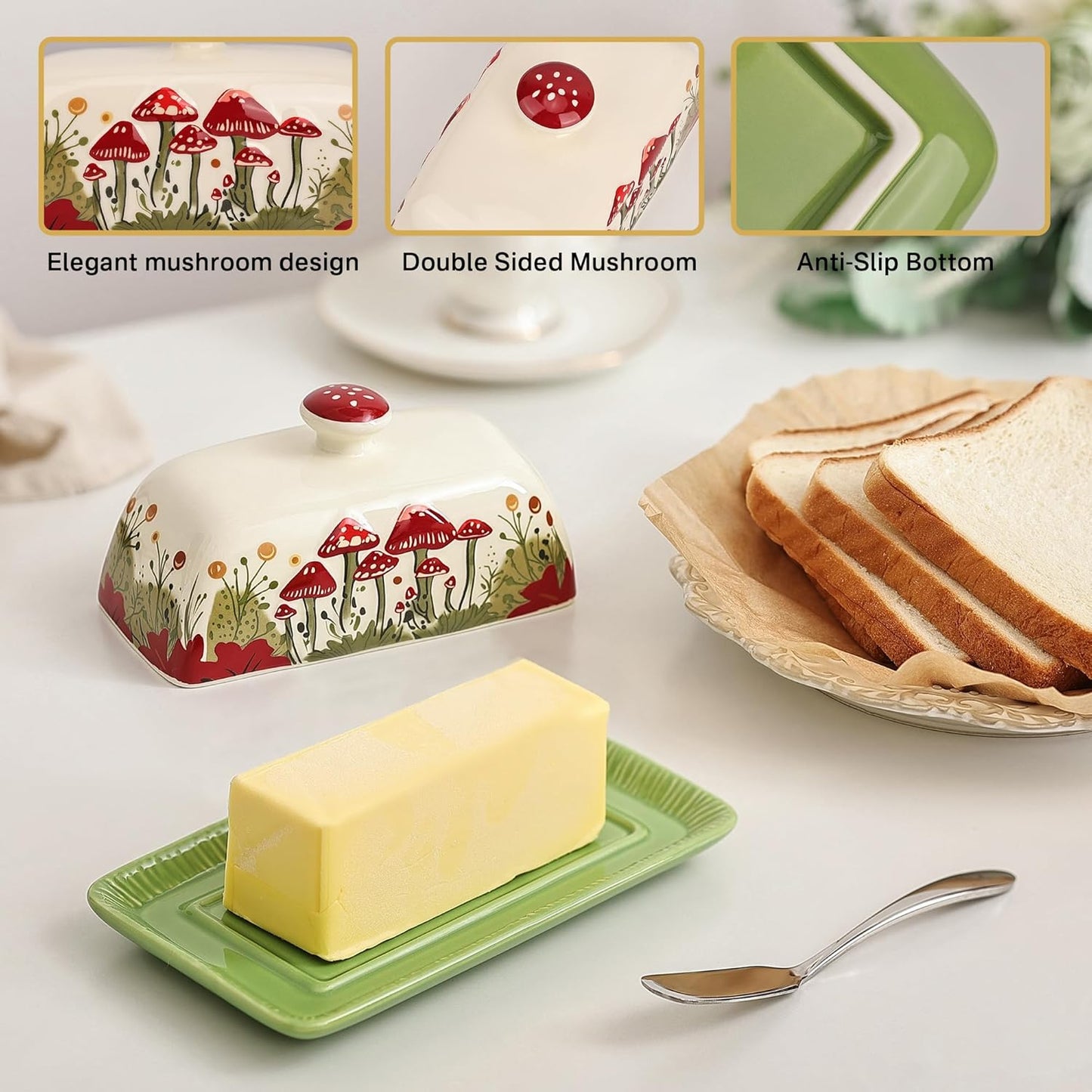 Fungi Fun Mushroom Butter Dish With Lid – Cute Cottagecore Ceramic Storage Container, Vintage French Covered Tray, Boho Farmhouse Kitchen Decor Gift, Unique Countertop Holder (White, Standard)