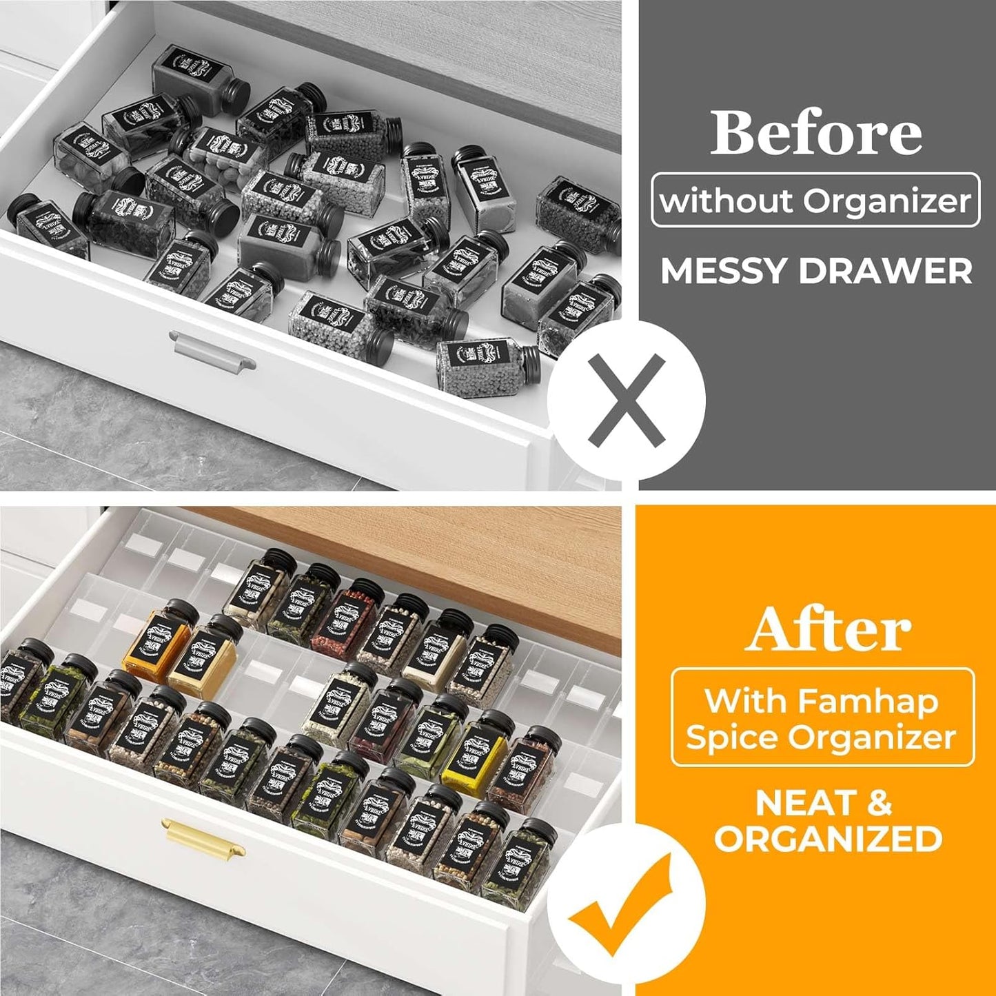 Famhap Spice Drawer Organizer, 36PCS Interlocking Expandable Seasoning Rack Tray Insert for Kitchen Drawers, Spice Rack Drawer for Spice Jars