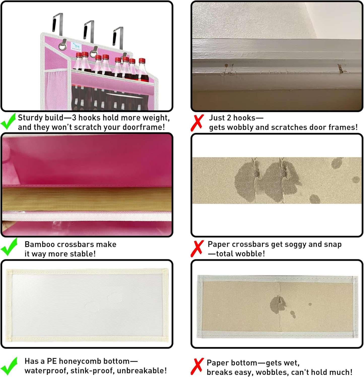 over the door organizer, Solid Bamboo Board (Not Plastic!) 6-Tier Heavy Duty 75LB, 12 Side Pockets, 3 Reinforced Hooks & Anti-Slip Pads, Waterproof & Washable, No Sagging, No Door Damage,Pink