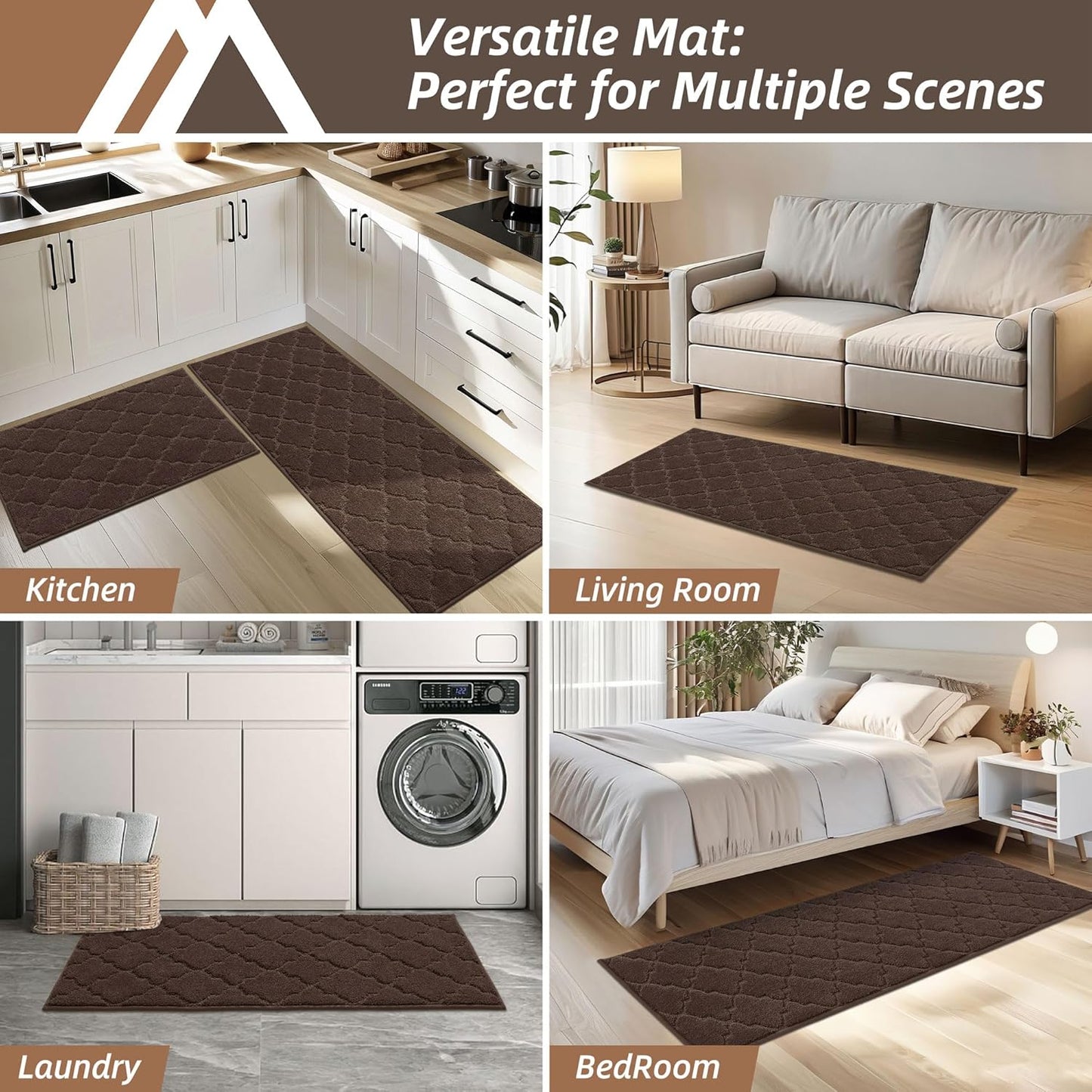 COSY HOMEER Soft Kitchen Rugs [2 PCS] for in Front of Sink Super Absorbent Kitchen Floor Mats and Mats 20x30 Inch/20X48 Non-Skid Kitchen Mat Standing Mat Washable,Polyester,Brown