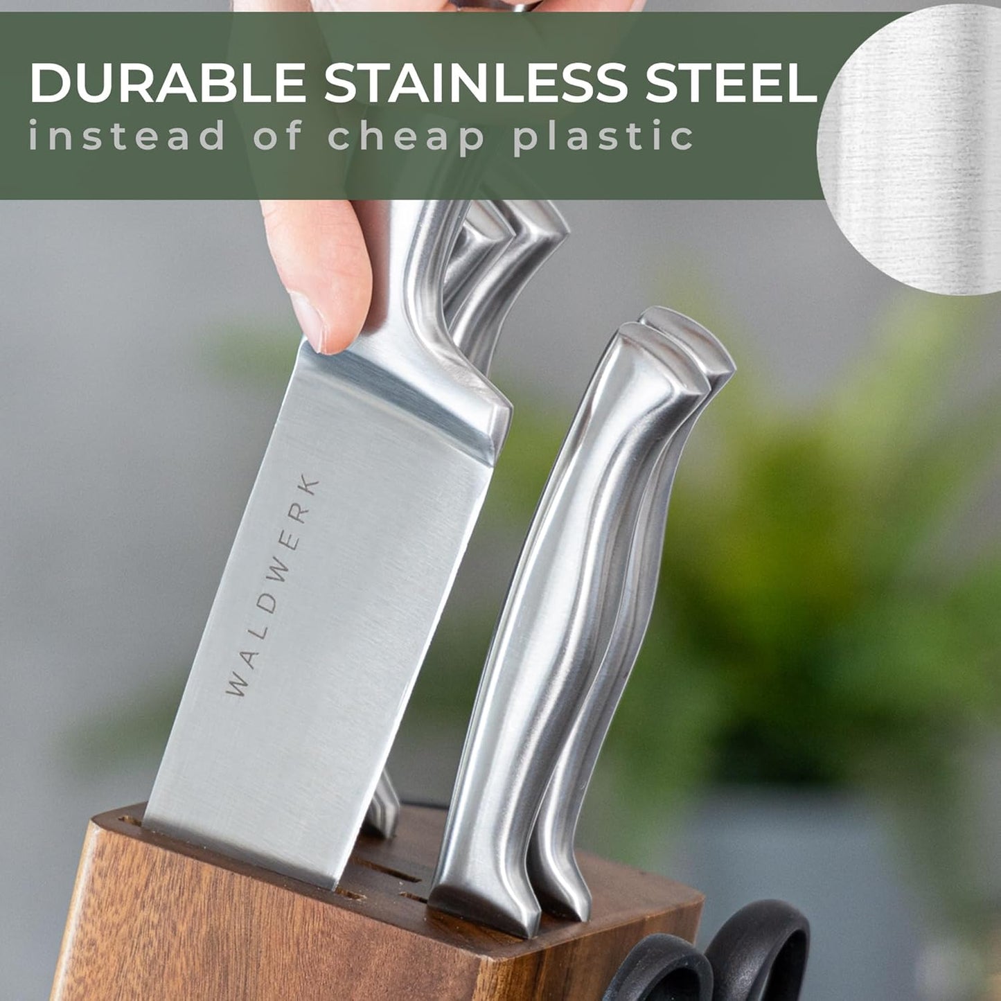 WALDWERK Knife Set - 7pcs Kitchen Knife Set with Block and Integrated Sharpener - Knife Block Set - Knife Block