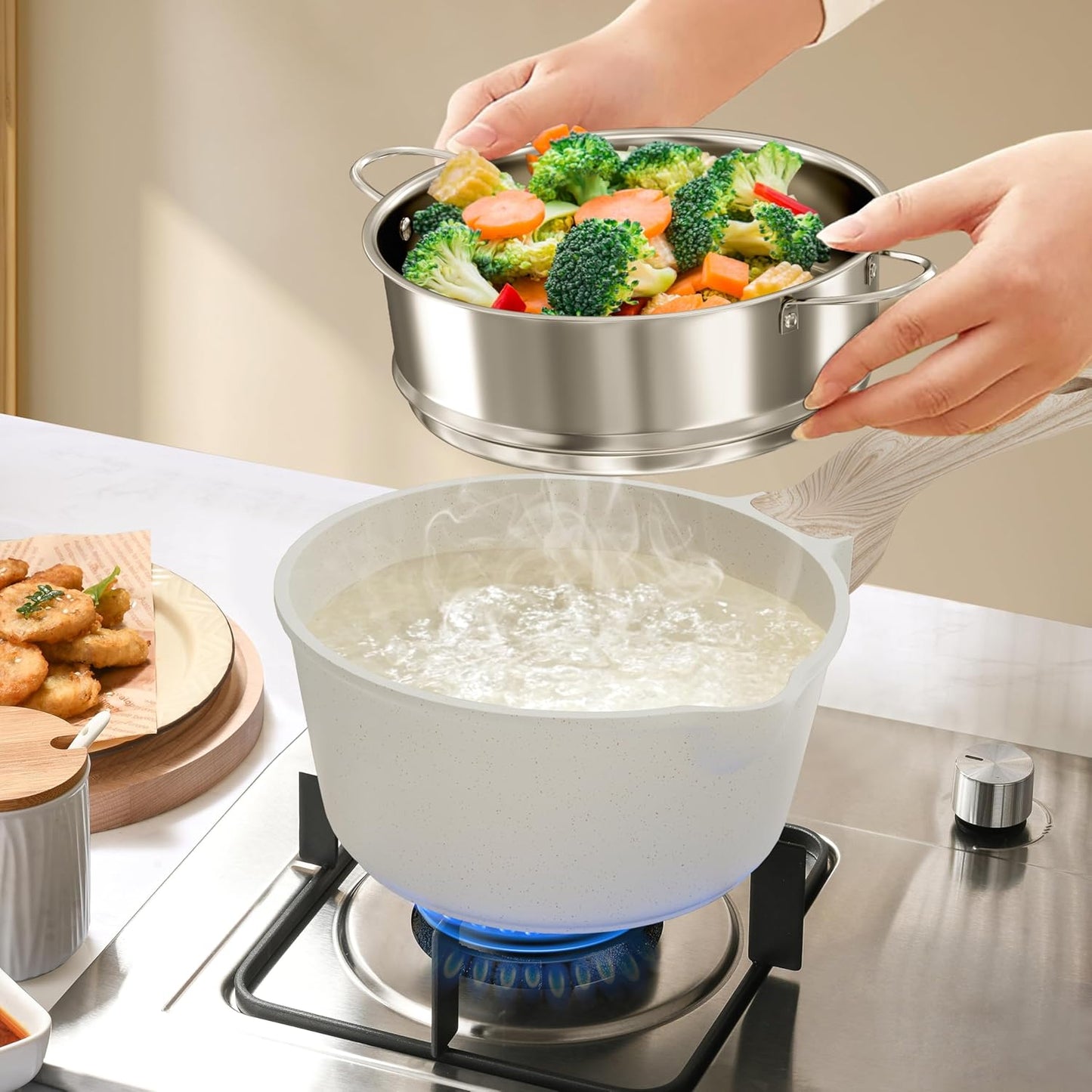 Caannasweis 20Pcs Cookware Sets, Nonstick Pots and Pans Set, Granite Induction Cookware, Non Stick Kitchen Cooking Set,Cream White 21 Piece Egg Pan Set, PFOS PFOA Free