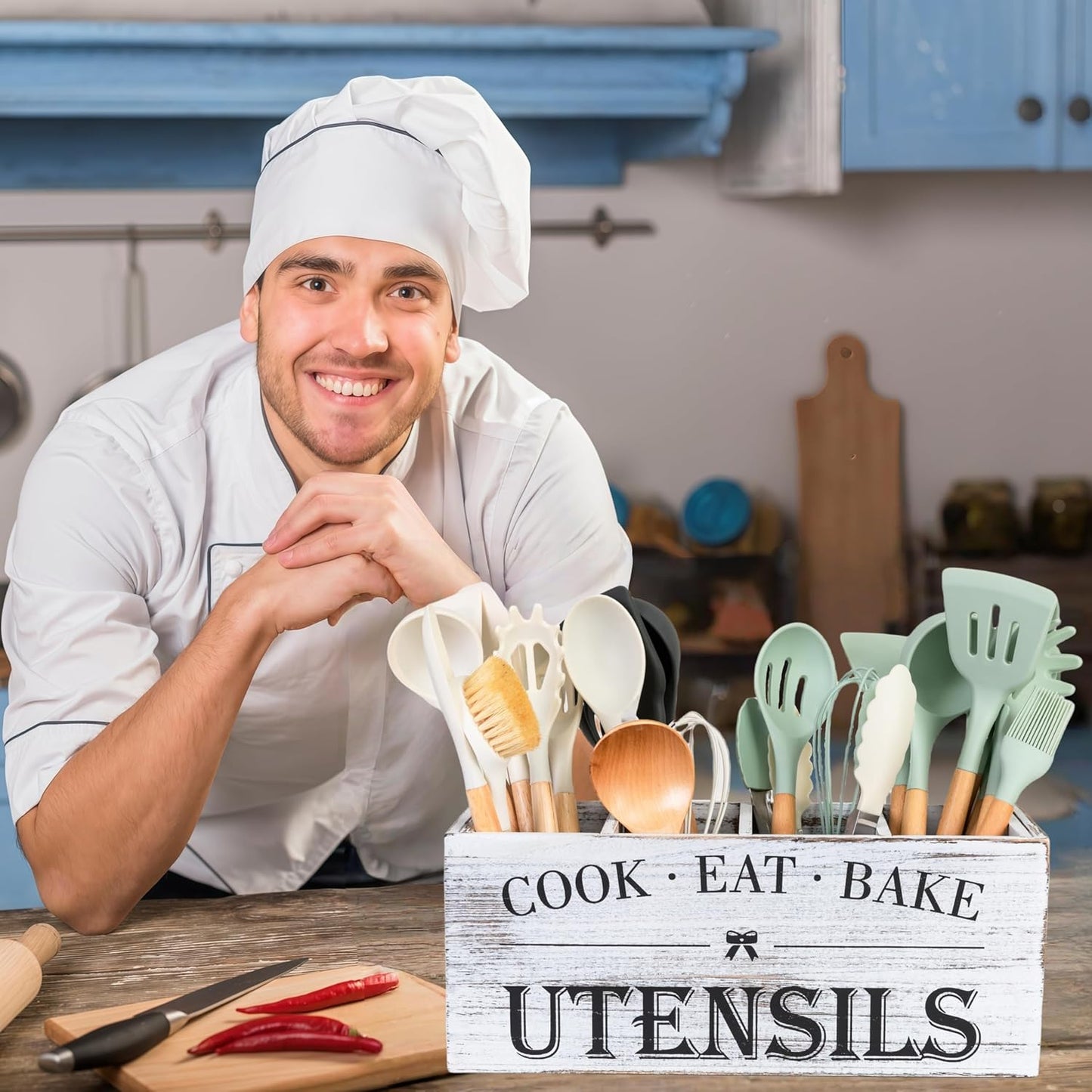 Utensil Holder,Extra Large Wooden Utensil Holder For Kitchen Counter,Cooking Spatula Organizer,Big Storage Caddy With 4 Compartments Flatware Spoon Tool Cutlery（Retro White）