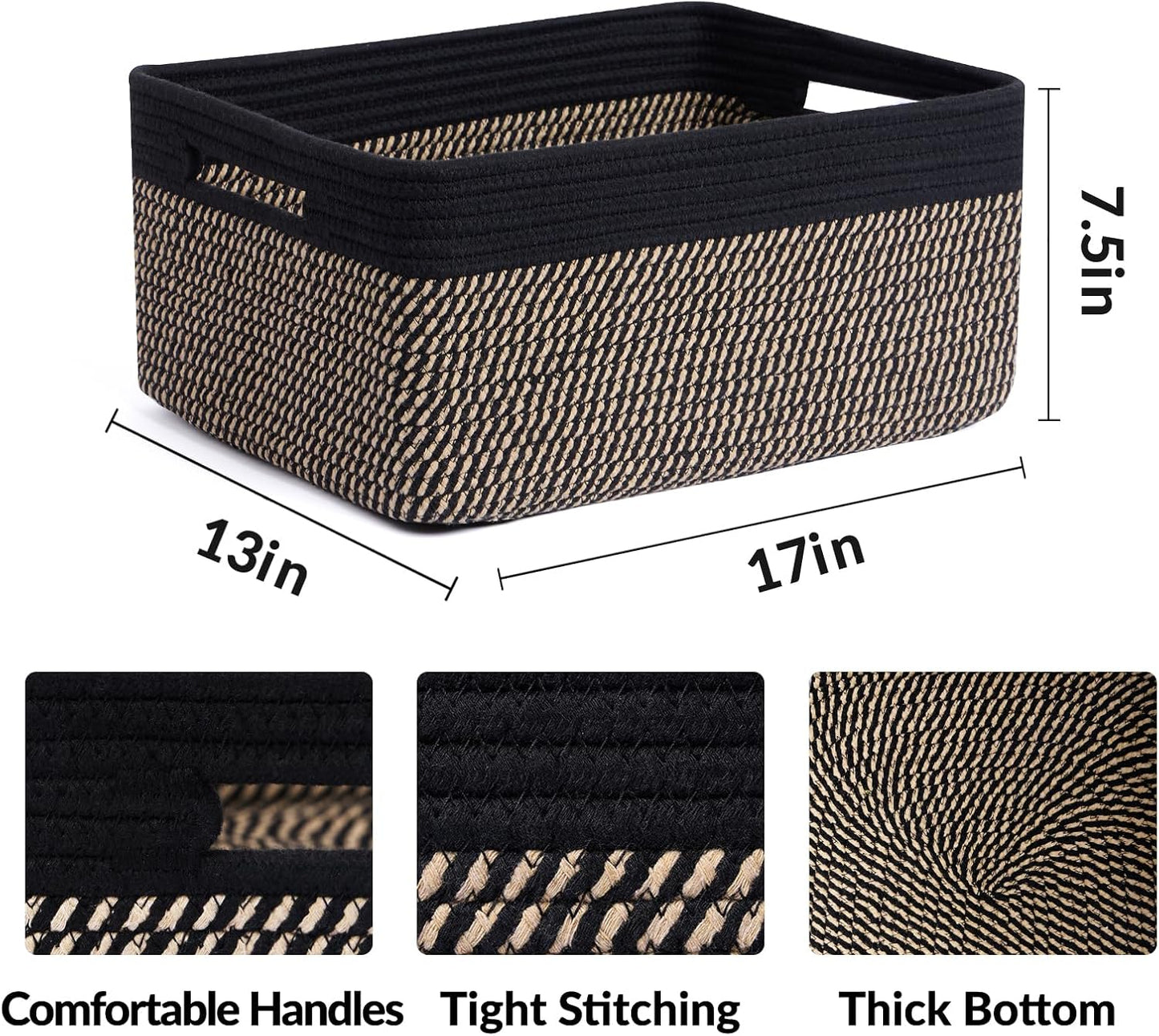 Large Storage Baskets for Shelves, Closet Organizers Bins for Clothes Blanket Towels, Baby Nursery, Toy Baskets Box, Woven Rope Baskets, 17 x 13 x 7.5”, 3 Packs Woven Brown