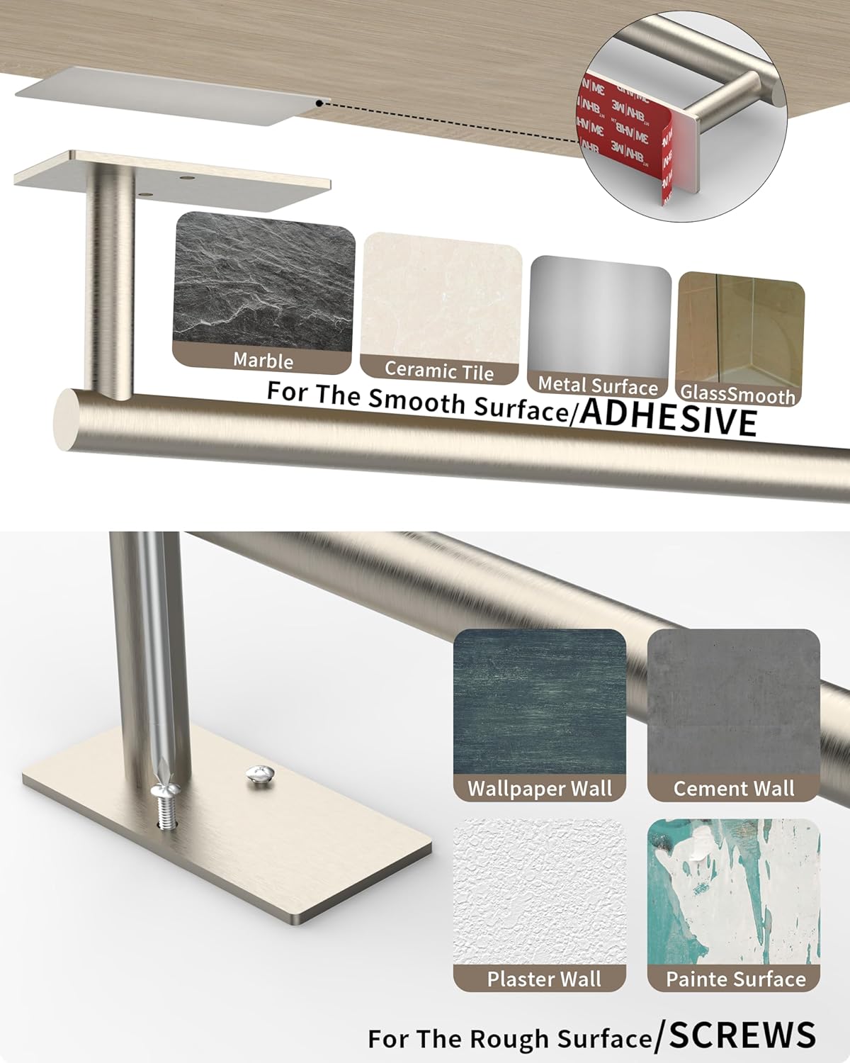 Paper Towel Holder Under Cabinet, Self Adhesive or Wall Mounted SUS304 Stainless Steel Paper Towel Holder for Kitchen, Bathroom(2 Towel Hooks, Silver)