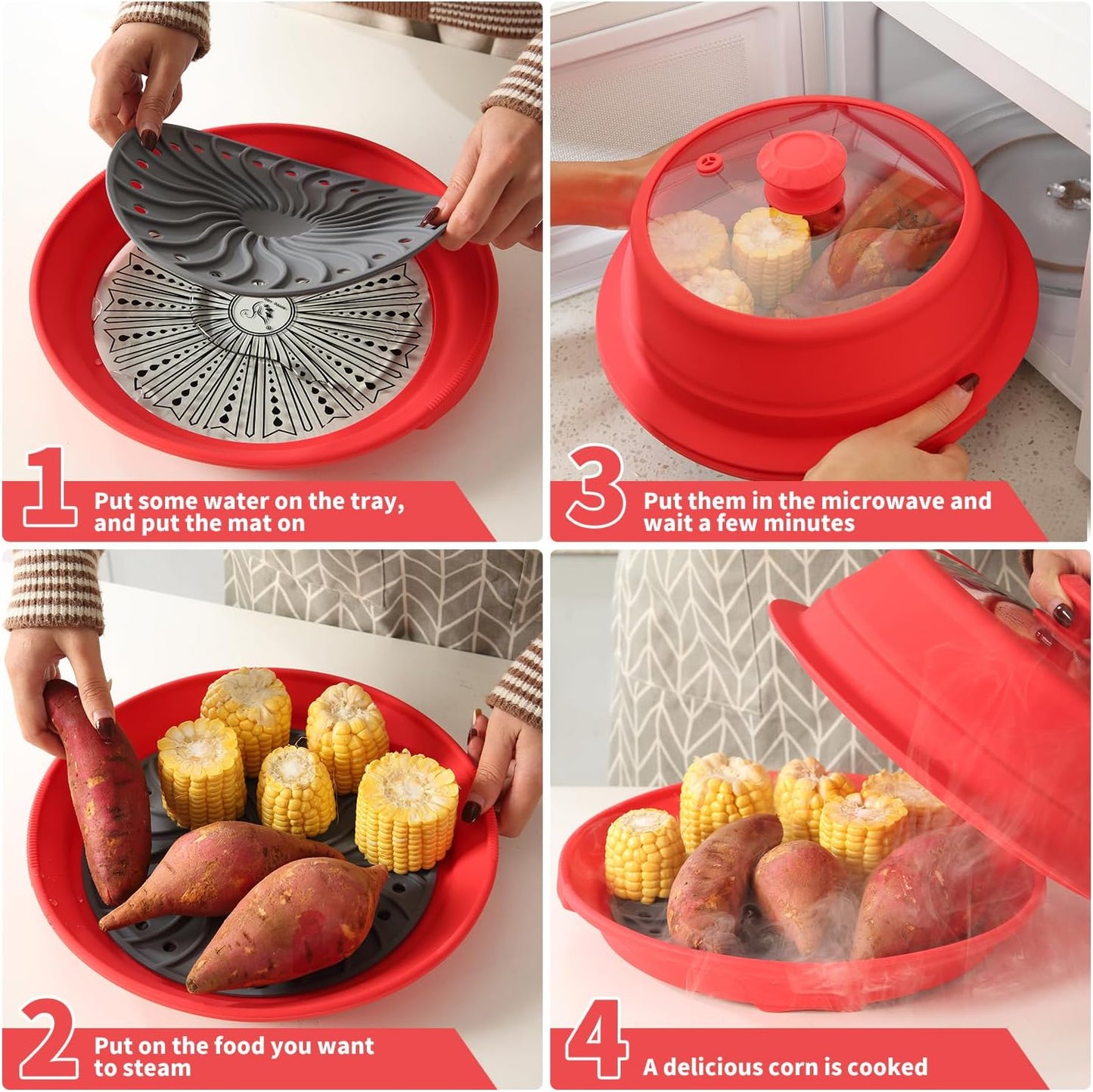 Microwave Splatter Silicone Cover Collapsible Steamer, Vented Multifunction Splash Lid with Glass Dish Bowl Plate for Food Cooking Bacon Maker, Dishwasher Safe BPA-Free 10.5 inch Cookware Set