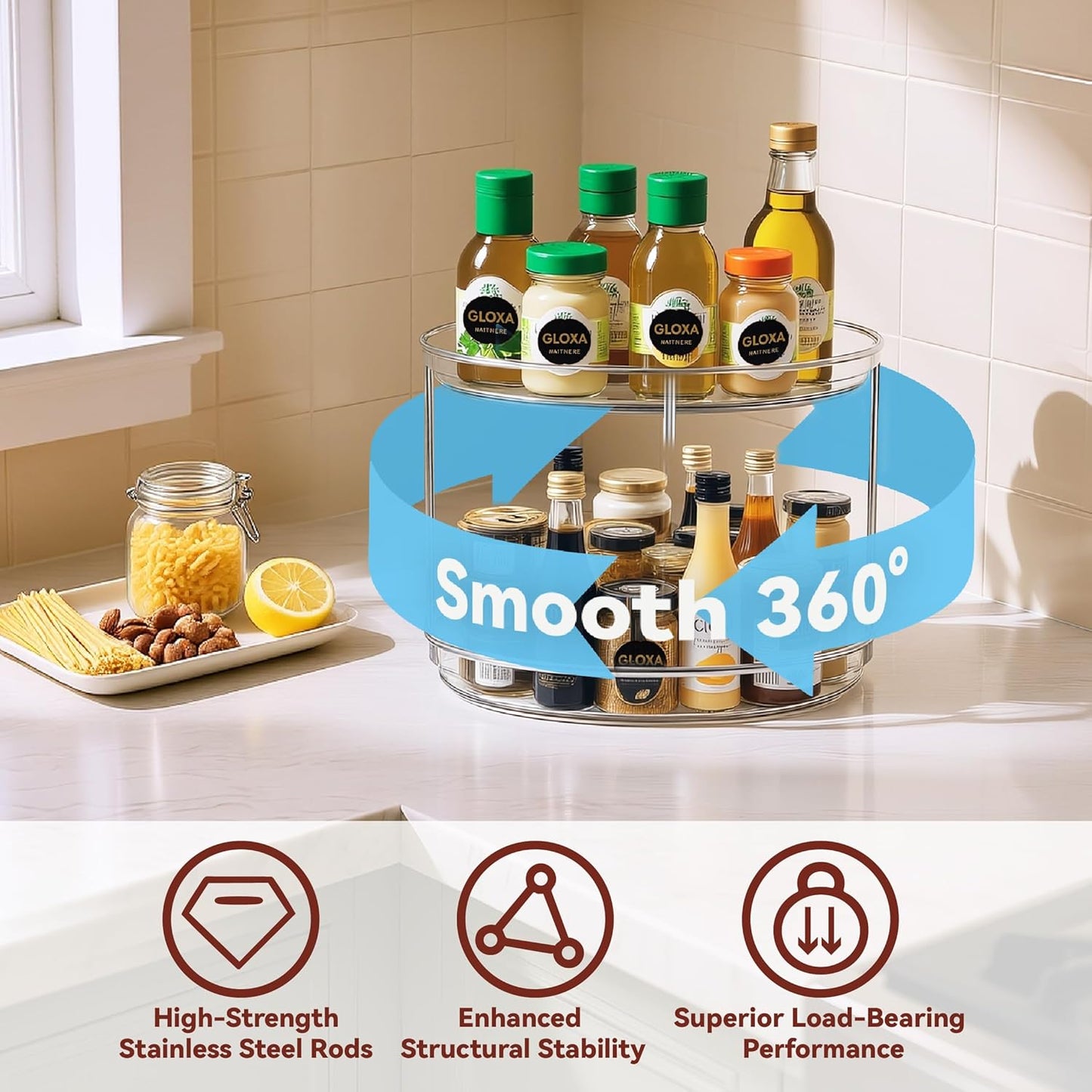 2 Tier Lazy Susan Turntable Organizer for Cabinet, 9.25'' Rotating Spice Rack Organization for Kitchen, Pantry, Bathroom, Vanity, Countertop, Medicine Storage, Seasoning Spice Organizer, 2 Pack