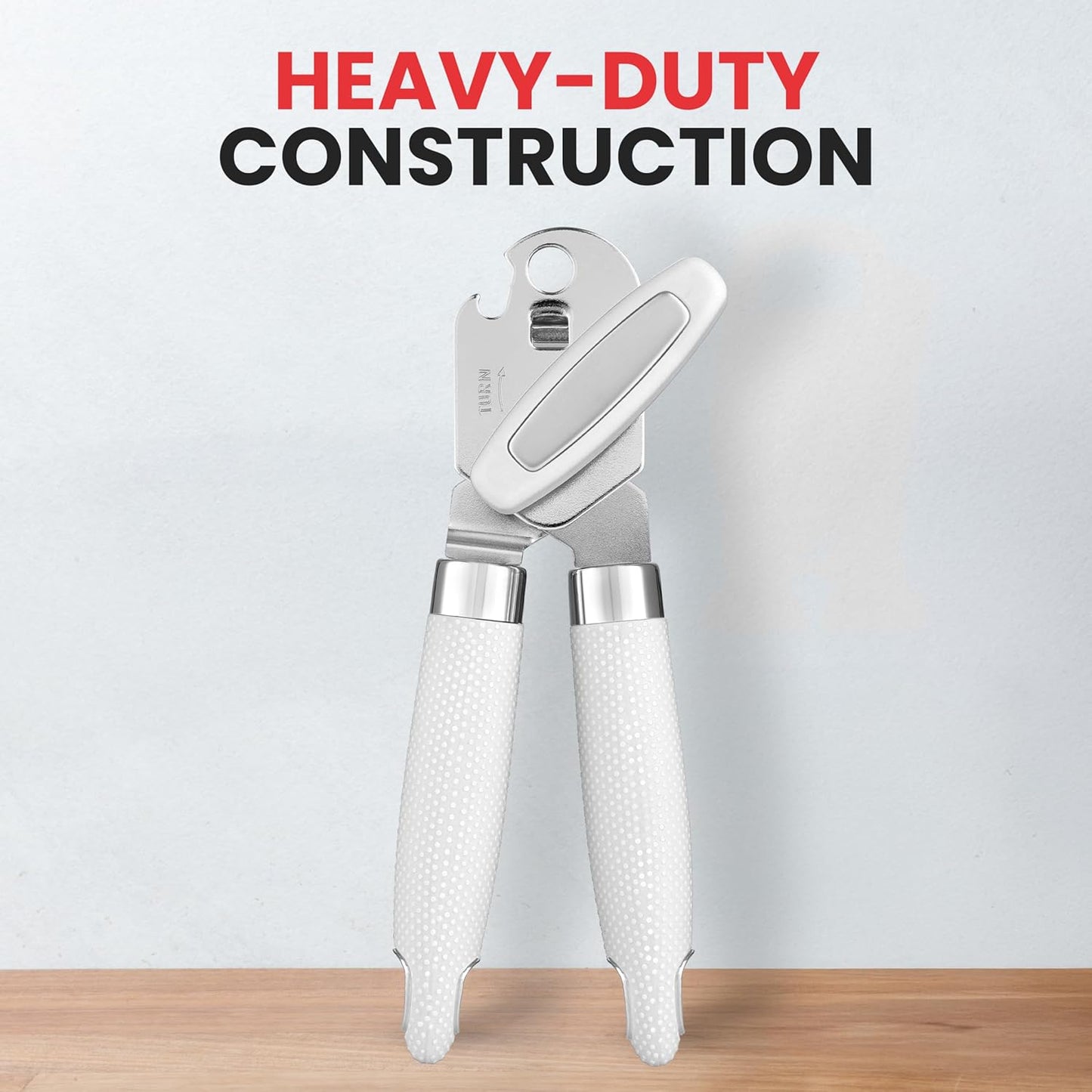 Zulay Kitchen Heavy Duty Stainless Steel Can Opener Manual with Large Bottle Opener - Manual Can Opener with Turn Knob with Soft Grip Handles - White