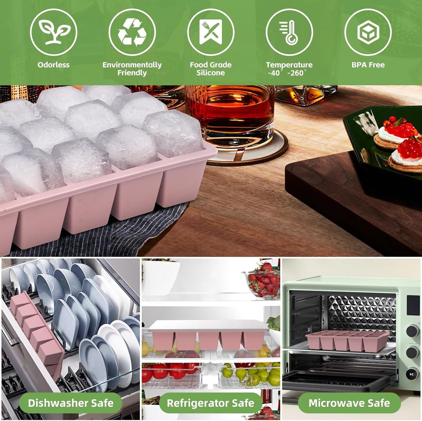 Silicone Ice Cube Tray, 3 Pack Easy-Release Stackable Ice Trays for Freezer with Lid 15 Reusable Cubes, Food Grade BPA Free Ice Molds for Whiskey, Baby Food, Coffee, Cocktail (Blue+Green+Pink)