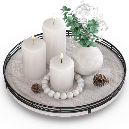 13" Oak Bathroom Vanity Tray Turntable for Perfume Candle, Round Wooden Decorative Tray for Kitchen Sink Countertop Organizer, Bathroom Counter Organizer for Skincare Makeup, Rustic White