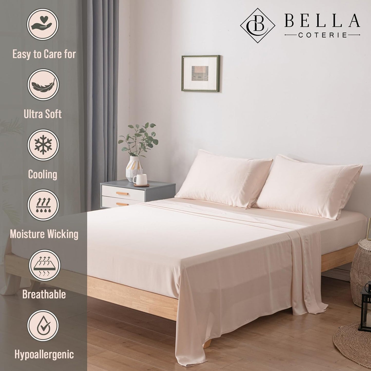 Bella Coterie Luxury Bamboo Viscose Split Top King Size Sheet Set | 100% Organically Grown | Ultra Soft | 34" Split | Cooling for Hot Sleepers | 18" Deep Pocket [Champagne]