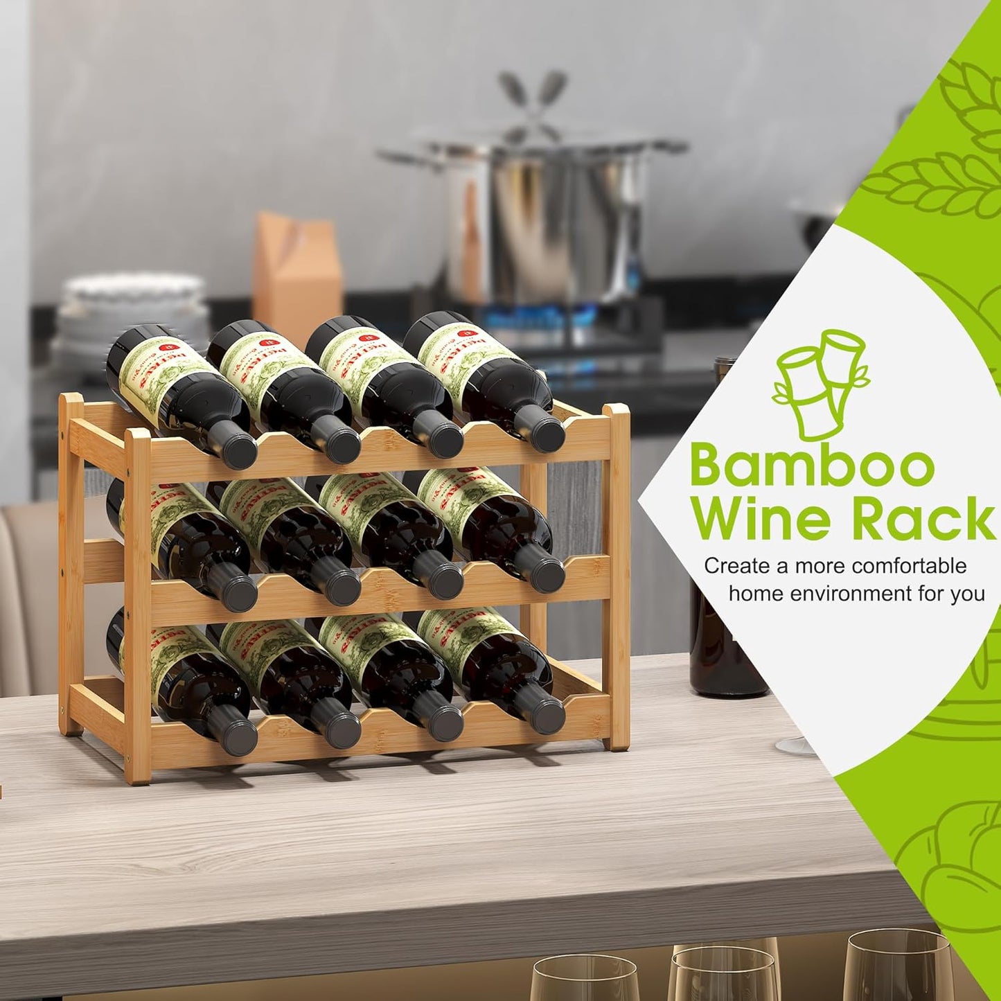 BMOSU Bamboo Wine Rack Wine Storage Cabinet Shelf 12 Bottle Wine Racks Countertop Sturdy for Kitchen Dining Room Pantry - 3 Tiers Wine Rack(Natural)