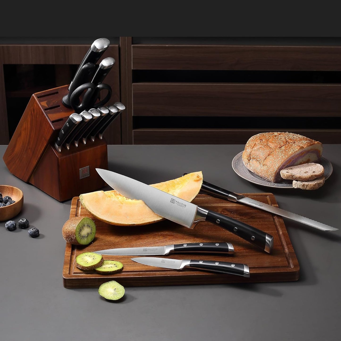 PAUDIN Knife Block Set, 15 Pieces Knife Set with Block, High Carbon Stainless Steel Kitchen Knife Set with Sharpener, Knives Set for Kitchen with Full Tang Triple Rivet Handle