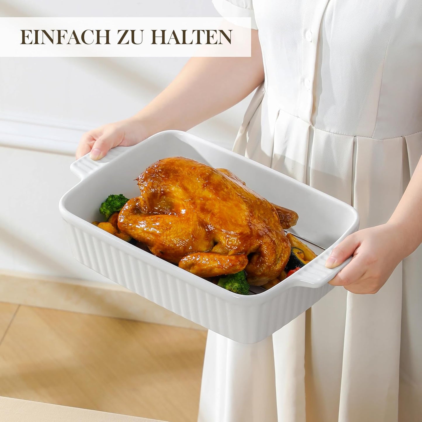 MALACASA 4.4 QT Baking Dish with Rack, 9x13 Large Casserole Dish for Oven, Ceramic Baking Pan with Rack, Rectangular Lasagna Pan Deep with Handles for Baking, Durable Microwave Oven Safe, White