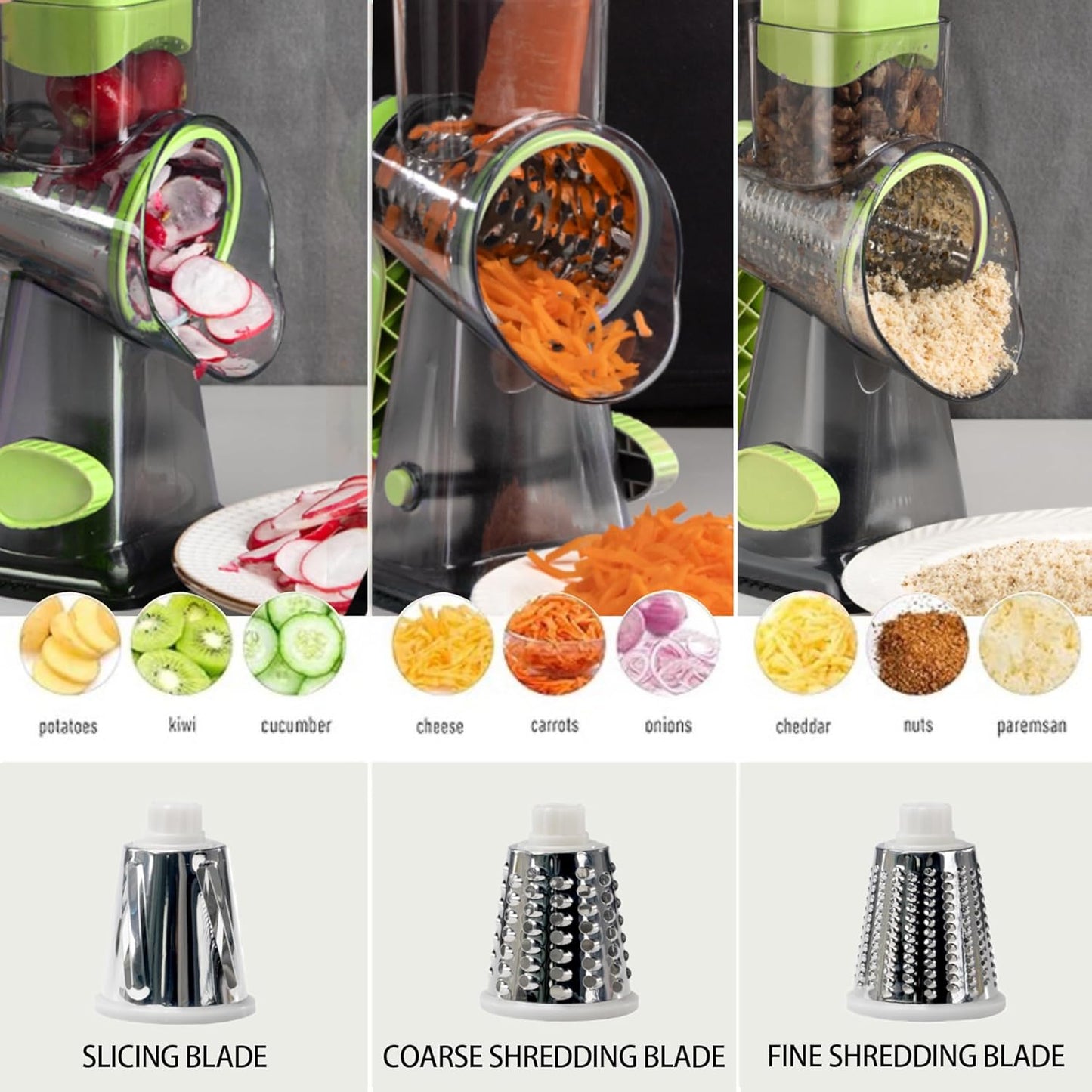 Cheese Grater Hand Crank Rotary Vegetables Shredder with Handle, 3-in-1 Graters with Interchangeable Blades and Strong Suction Base Multifunctional Slicer for Kitchen,green