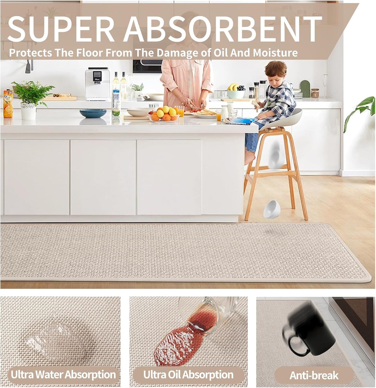 Kitchen mats for Floor Water and Oil Absorbent Runner Rugs for Kitchen, Kitchen Mat in Front of Sink,Non-Slip Kitchen Rugs,Durable Imitation Linen Kitchen Rug Beige 17x30+17x59