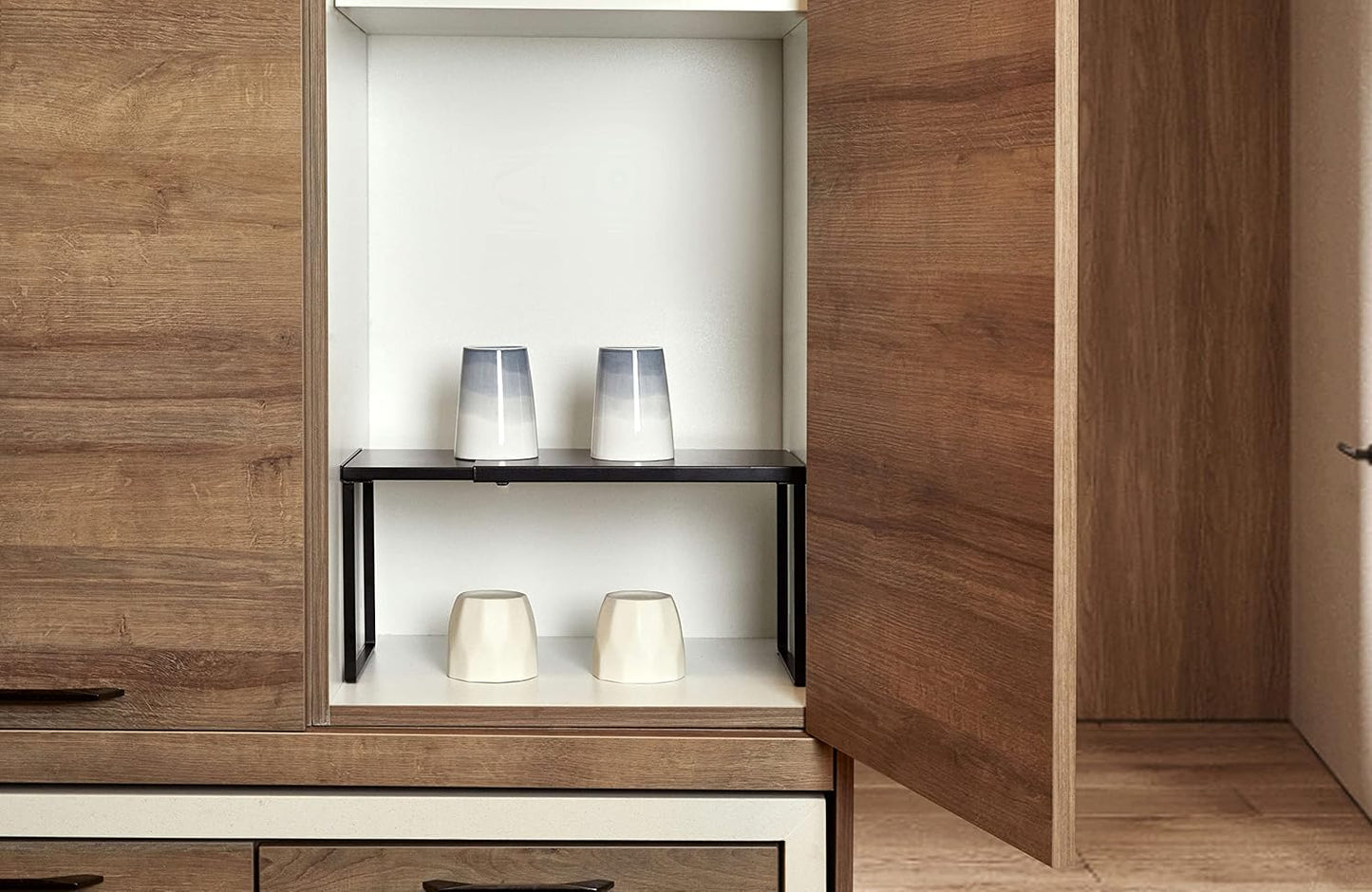 Nxconsu Cabinet Shelf Expandable Organizer Riser Rack for Kitchen Pantry Cupboard Under Sink Countertop Home Organization Extra Storage Space Saver Heavy Duty Metal Edgeless Design Black Extra Large