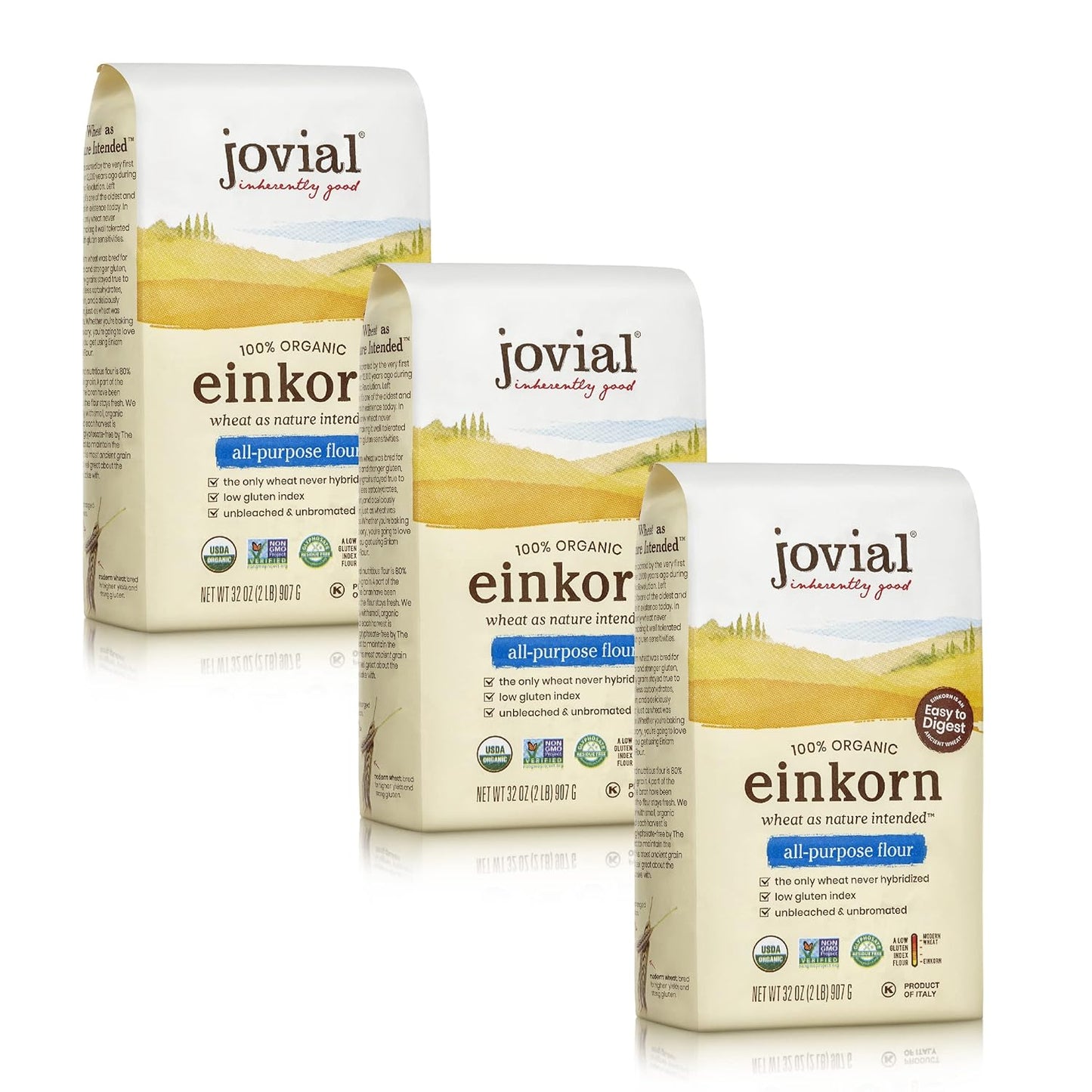 Jovial Organic Einkorn Unbleached All Purpose Flour - Bread Baking Flour for Sourdough, High Protein, Non-GMO, Organic Pizza & Pasta, European Italian, Glyphosate Free - 32 Oz, 3 Pack