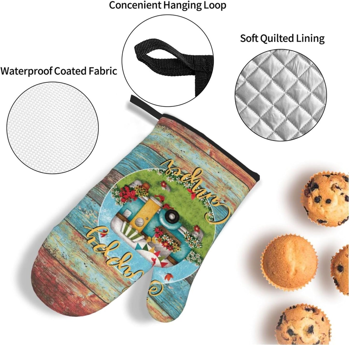 Happy Camper Oven Mitts and Pot Holders Sets of 4,Resistant Hot Pads with Polyester Non-Slip BBQ Gloves for Kitchen,Cooking,Baking,Grilling