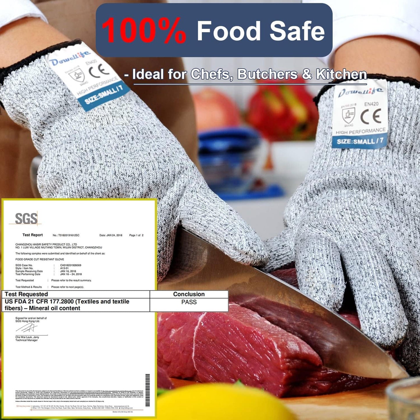 Dowellife Cut Resistant Gloves Food Grade Level 5 Protection, Safety Kitchen Cuts Gloves for Oyster Shucking, Fish Fillet Processing, Mandolin Slicing, Meat Cutting and Wood Carving (X-Large-12 Pairs)