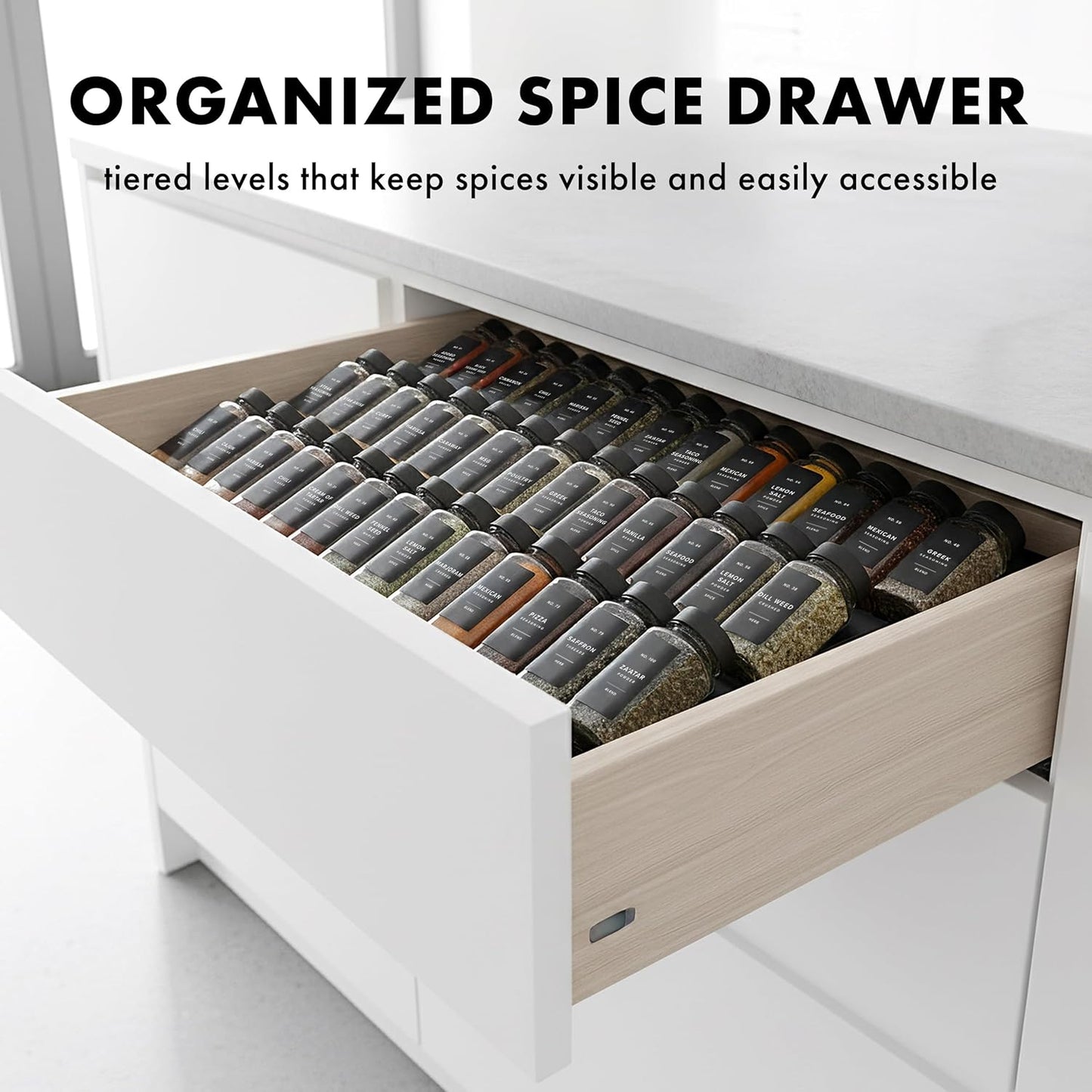 Spice Drawer Organizer - Expandable Spice Rack for Drawer, Black Seasoning Organizer for Drawer Spice Organizer, Spice Organization Seasoning rack insert for Cabinet (Jars Not Included)
