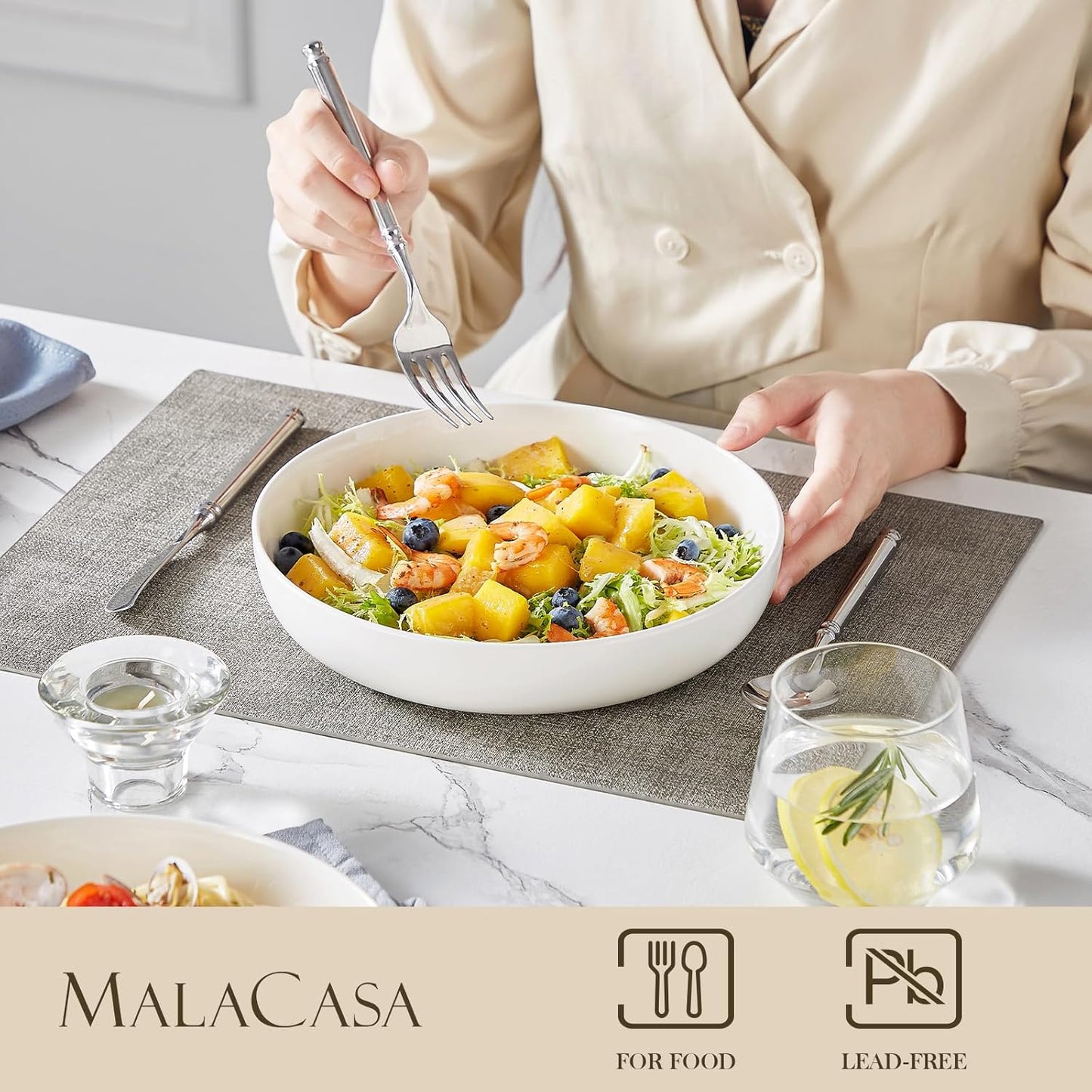 MALACASA 48 Oz Pasta Bowls Set of 4, 9 Inch Salad Bowls, White Ceramic Serving Bowls for Kitchen, Microwave & Dishwasher Safe, Series LUNA, White