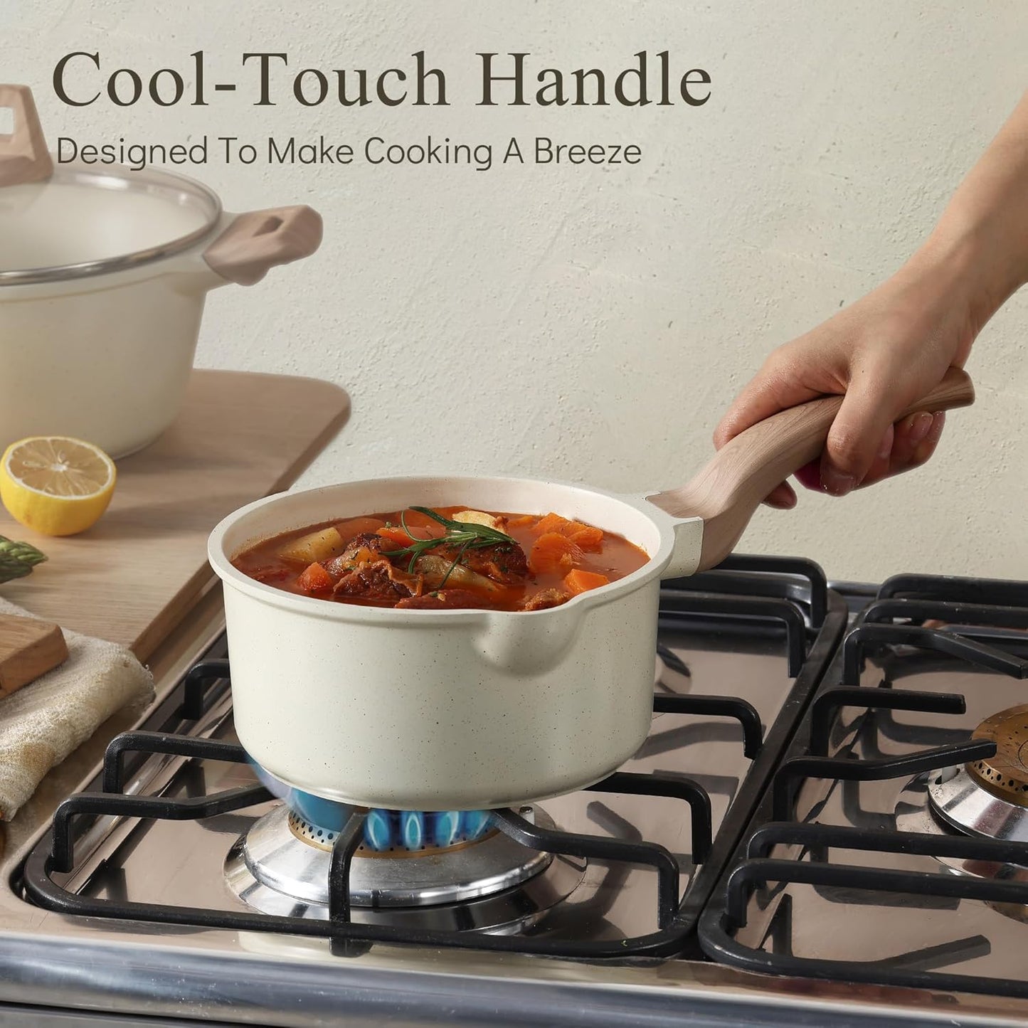 CAROTE 1.5Qt & 3.0Qt Sauce Pan Set with Lid Nonstick Saucepan 4 Pcs Non Stick Sauce Pots Cooking Pot with Pour Spout, Easy to Clean, Small Kitchen Pots Induction Pot, PFOA FREE (White Granite)