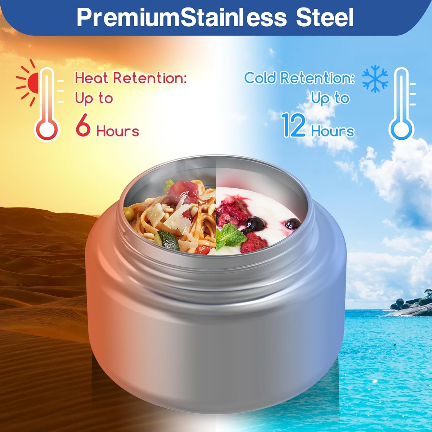 Bento Box for Kids - Leak-Proof Lunch Box with Insulated Thermos Food Jar - 4 Compartments, 1 Removable Divider, 1Spoon, 1 Fork - Dishwasher Safe, BPA-Free (Blue)