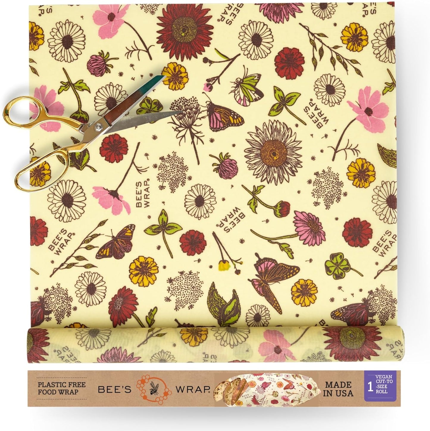 Bee's Wrap Vegan Beeswax Wraps for Food - Meadow Magic Cut to Size 14x52" Wax Paper Roll, Made in USA Reusable Waxed Paper & Bowl Covers, Organic Eco-Friendly Alternative to Aluminum Foil Plastic Wrap