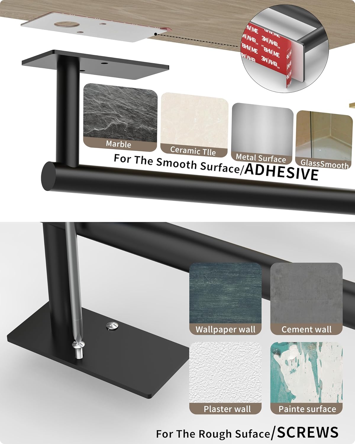 Paper Towel Holder Under Cabinet, Self Adhesive or Wall Mounted SUS304 Stainless Steel Paper Towel Holder for Kitchen, Bathroom(2 Towel Hooks, Matte Black)