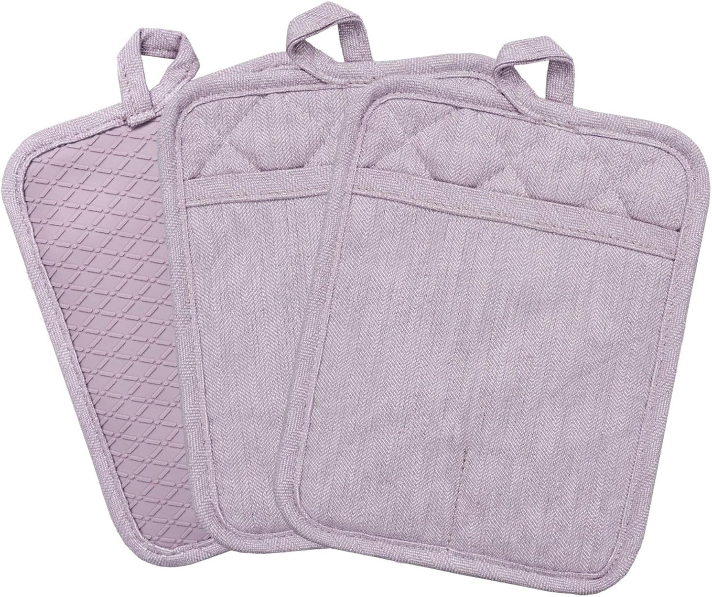 Pot Holders Yarn-Dyed Set of 3 Non Slip Silicone Kitchen Lines Heat Resistant 500℉ Kitchen Gloves BBQ Cooking Baking Cooking Barbecue Microwave Machine Washable (Purple Pot Holders)