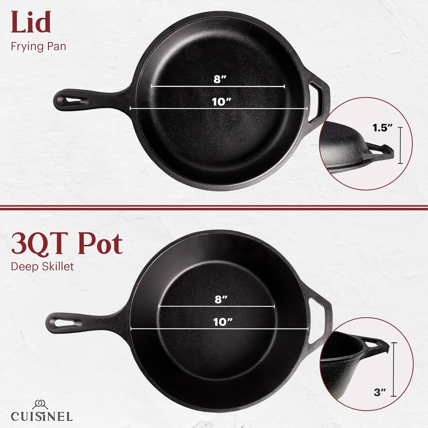 Cuisinel Cast Iron 2-In-1 Multi Cooker - 3-Quart Dutch Oven and Skillet Lid Set Oven Safe Cookware + Black Pan Scraper - Use As Dutch Oven and Frying Pan - Indoor and Outdoor Use - Grill, Stovetop