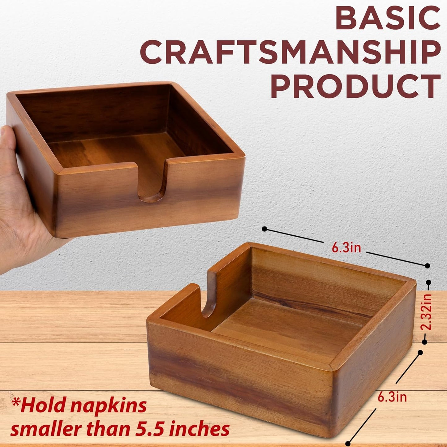 Acacia Cocktail Paper Napkin Holder Square 5.4x5.4 inches, Wood Flat Napkin Tray, Cocktail Napkin Caddy For Kitchen Décor, Restaurant Countertop Bar Accessories